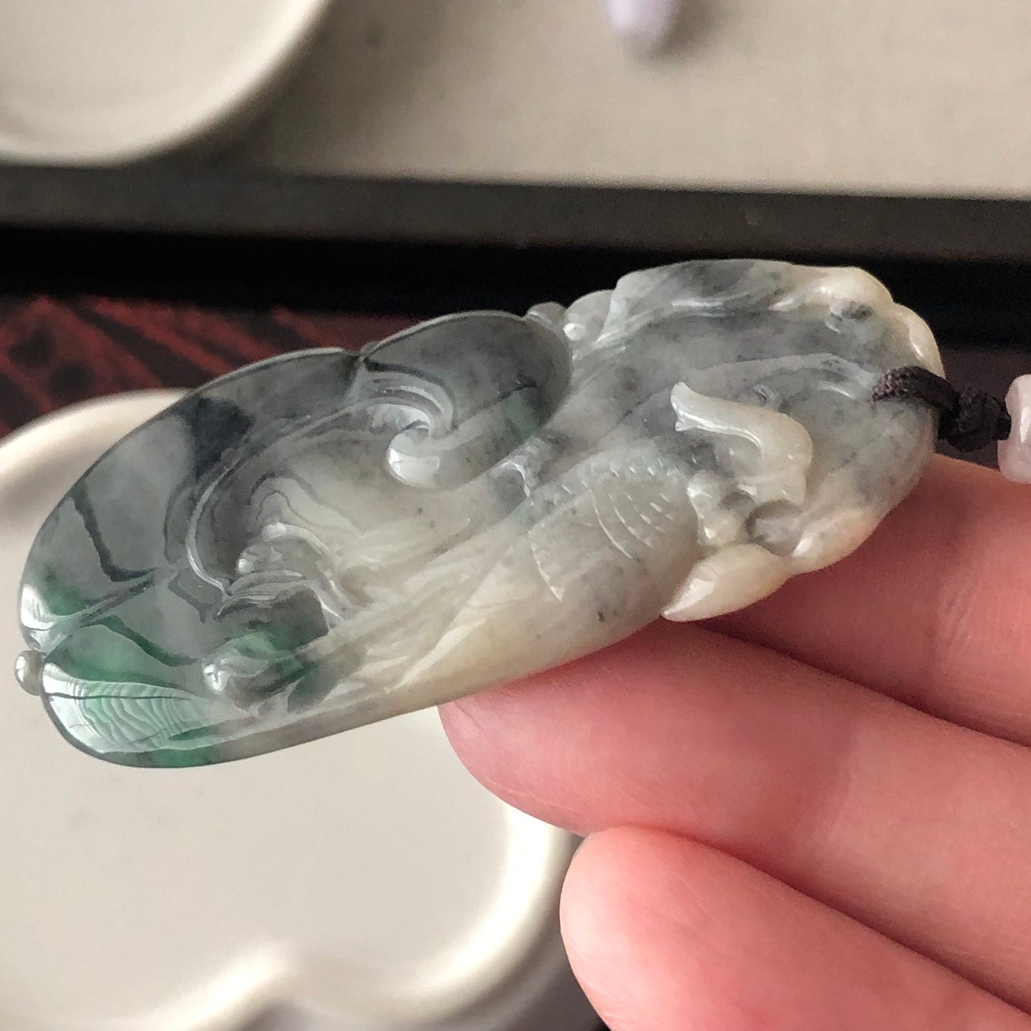 56.7mm Jadeite Jade Yellow Green Wuji Carved Ruyi Bird Pendant