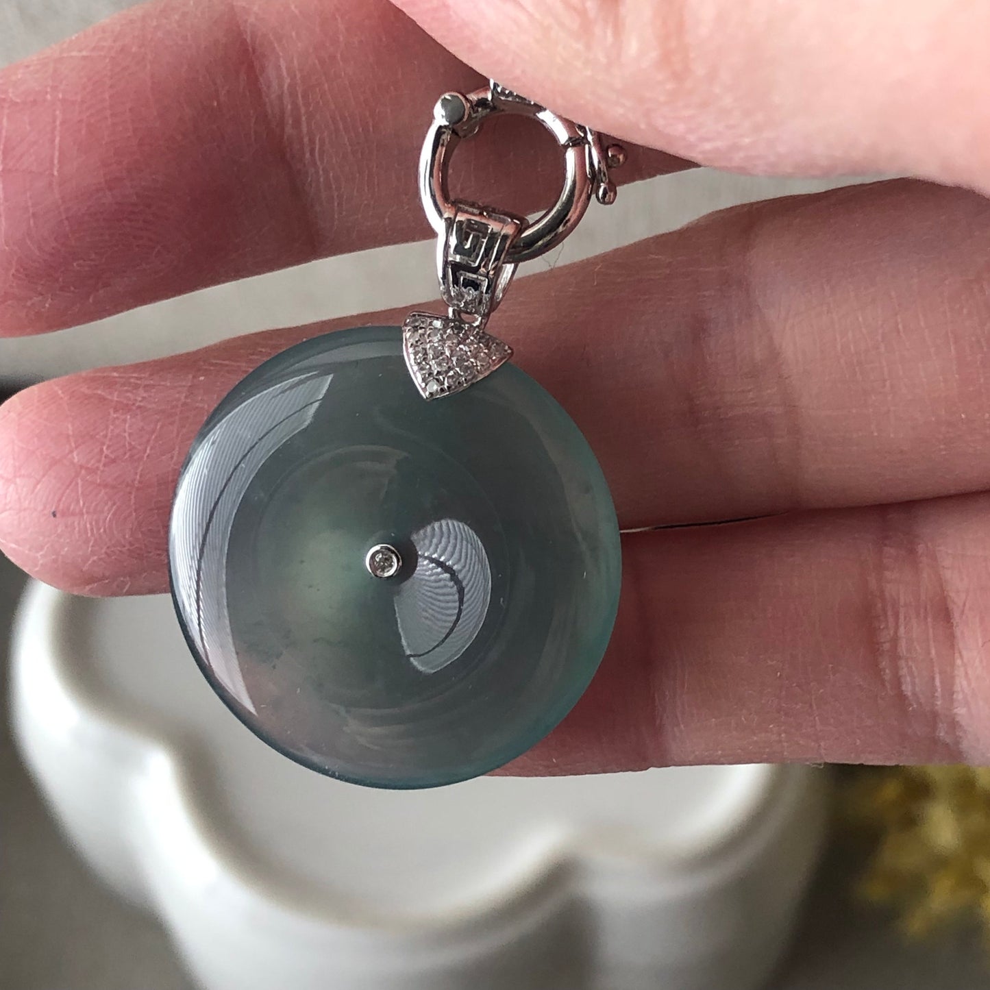 18K 24mm Jadeite Jade Icy Blue Peace Donut Pendant Diamonds