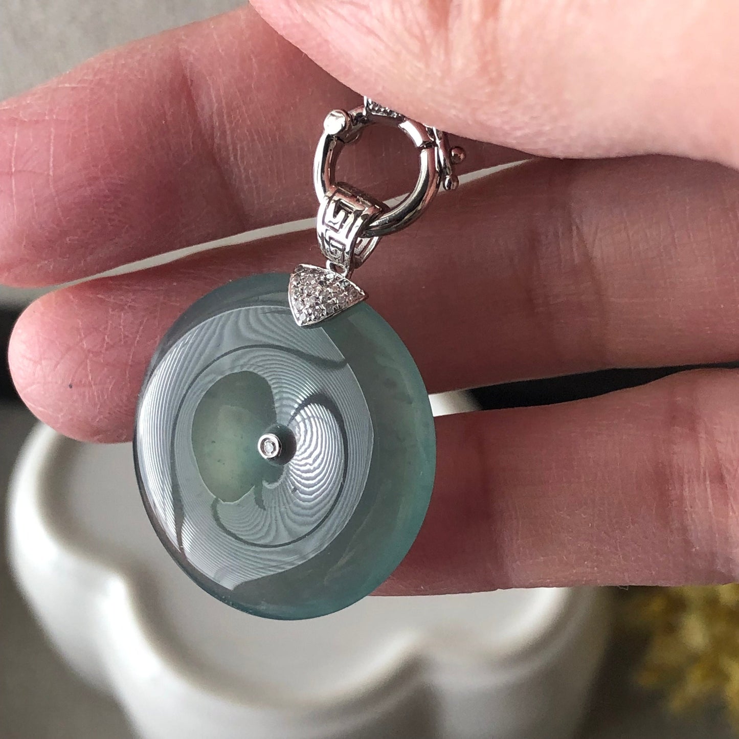 18K 24mm Jadeite Jade Icy Blue Peace Donut Pendant Diamonds