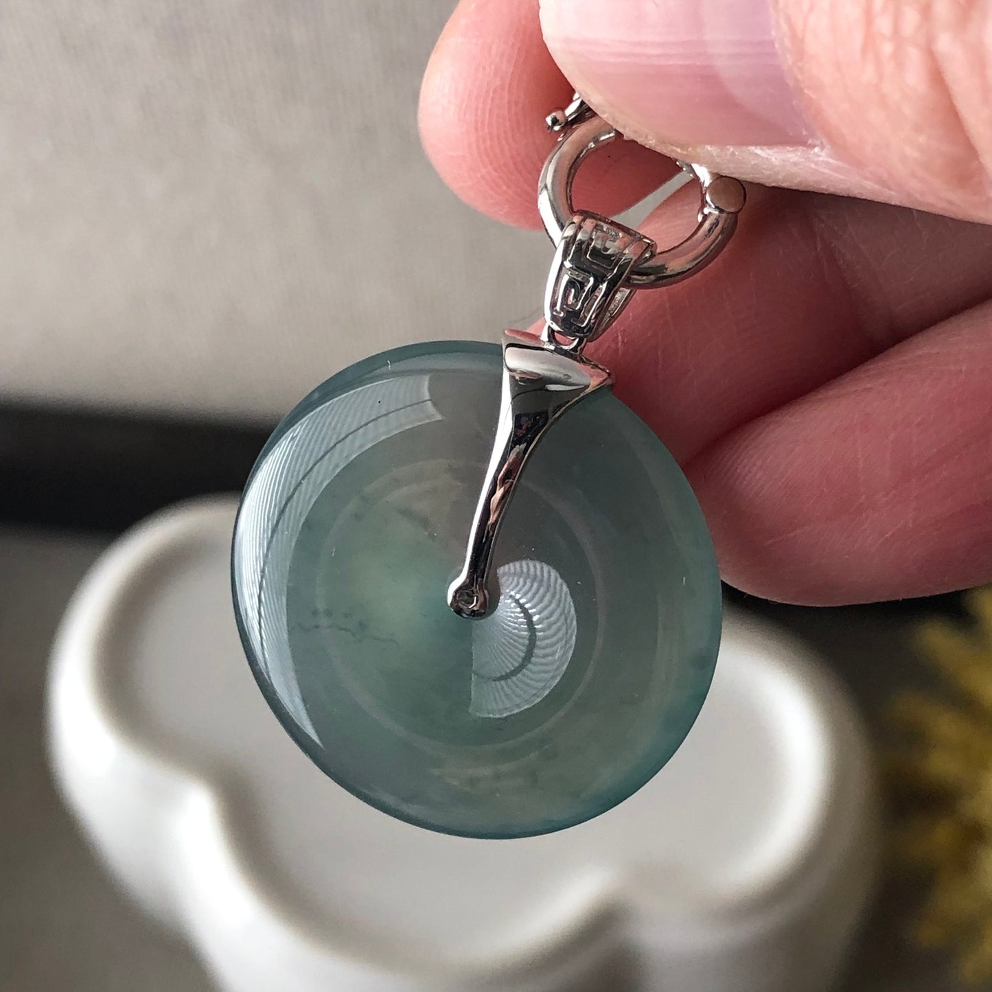 18K 24mm Jadeite Jade Icy Blue Peace Donut Pendant Diamonds