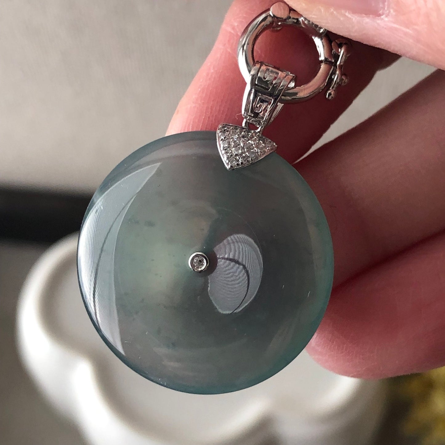 18K 24mm Jadeite Jade Icy Blue Peace Donut Pendant Diamonds