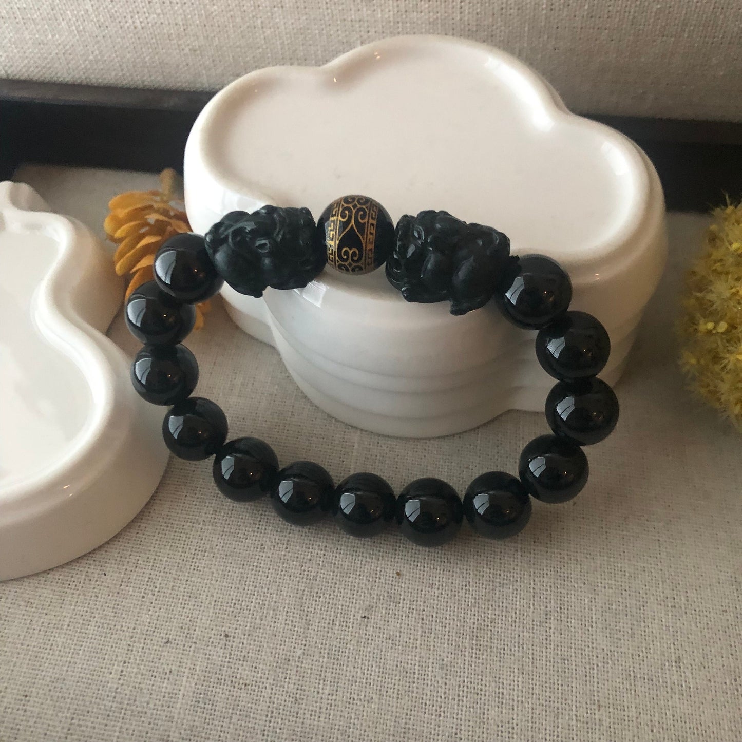 12 mm Icy Omphacite Black Jadeite Jade Carved Pixiu Bead Bracelet