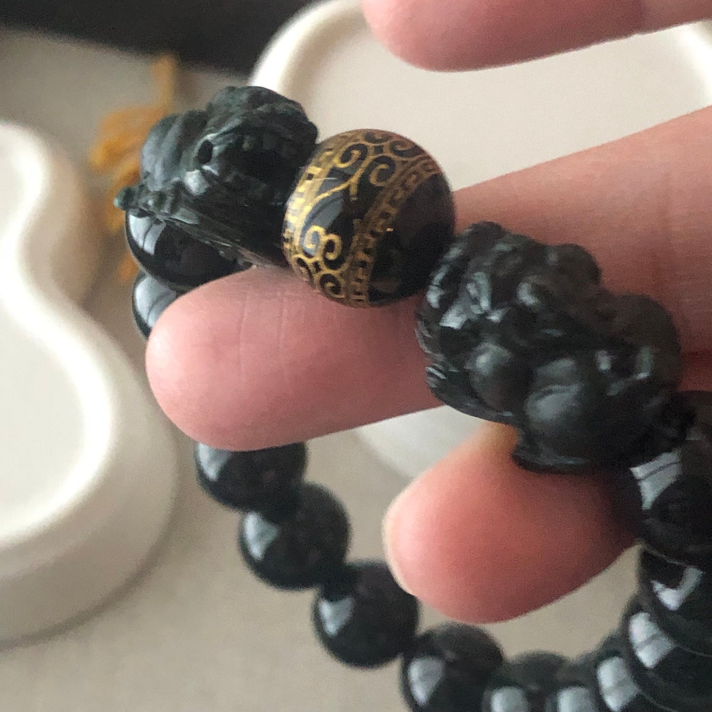 12 mm Icy Omphacite Black Jadeite Jade Carved Pixiu Bead Bracelet