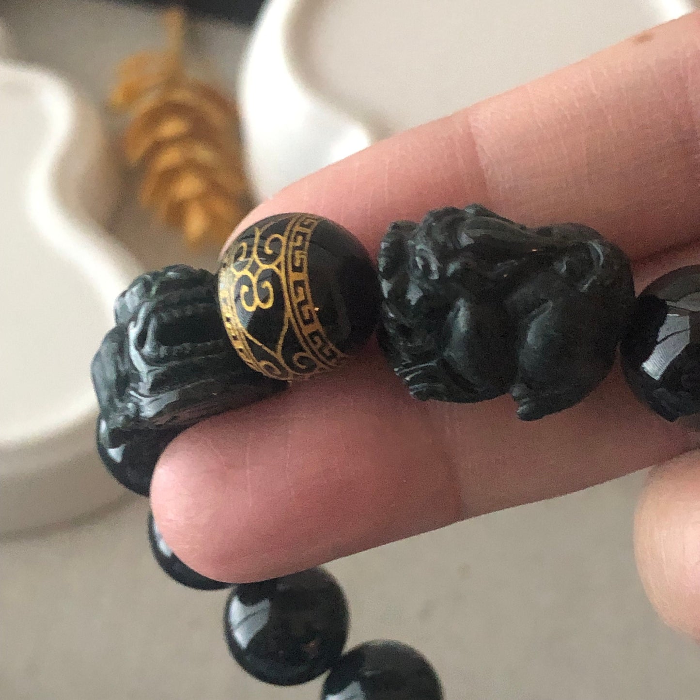12 mm Icy Omphacite Black Jadeite Jade Carved Pixiu Bead Bracelet