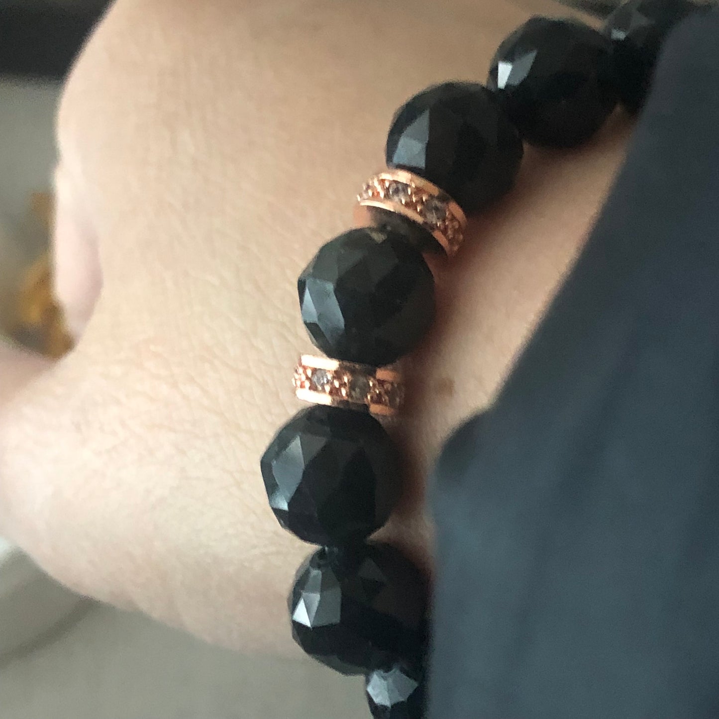 9 mm Icy Omphacite Black Jadeite Jade Diamond Cut Bead Bracelet