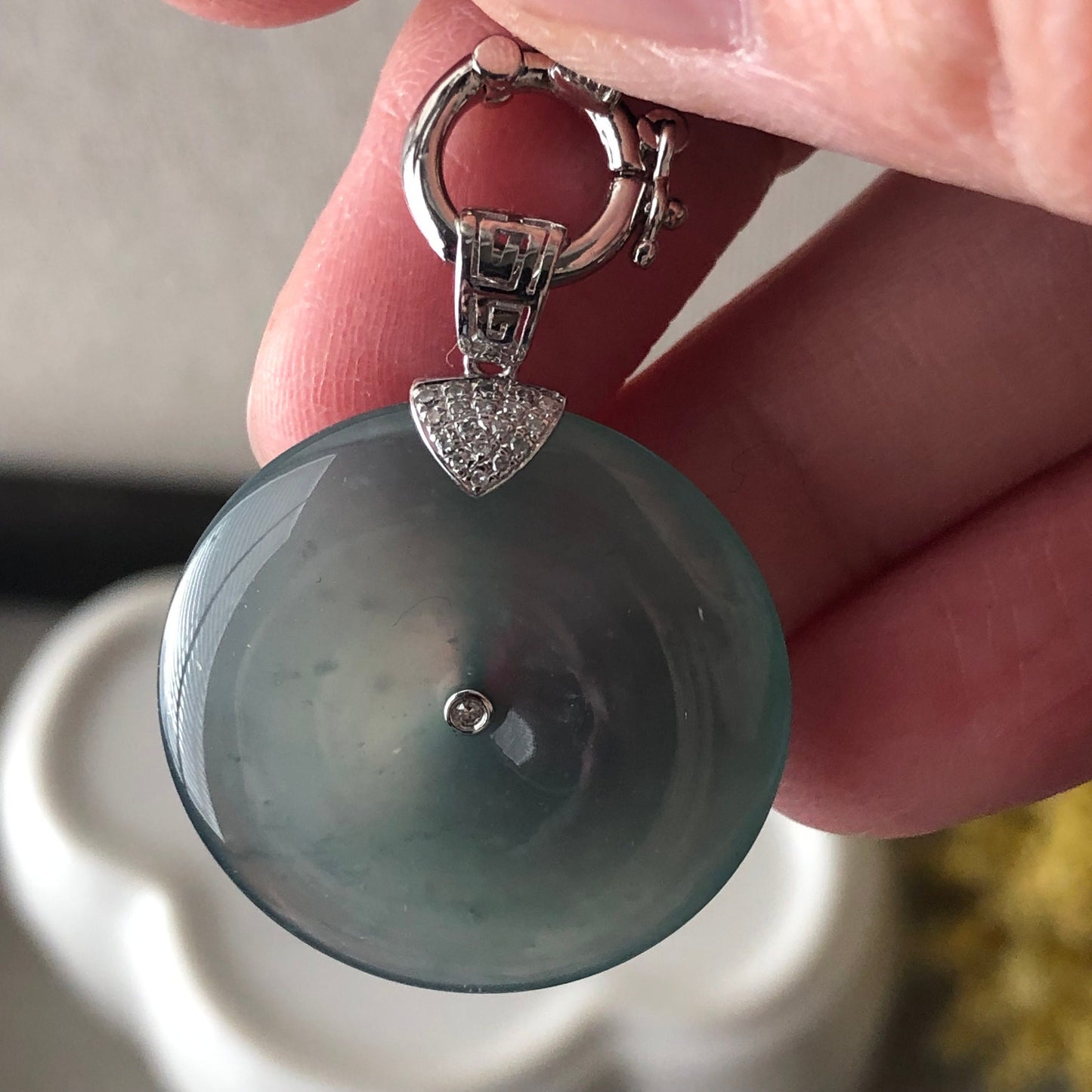 18K 24mm Jadeite Jade Icy Blue Peace Donut Pendant Diamonds
