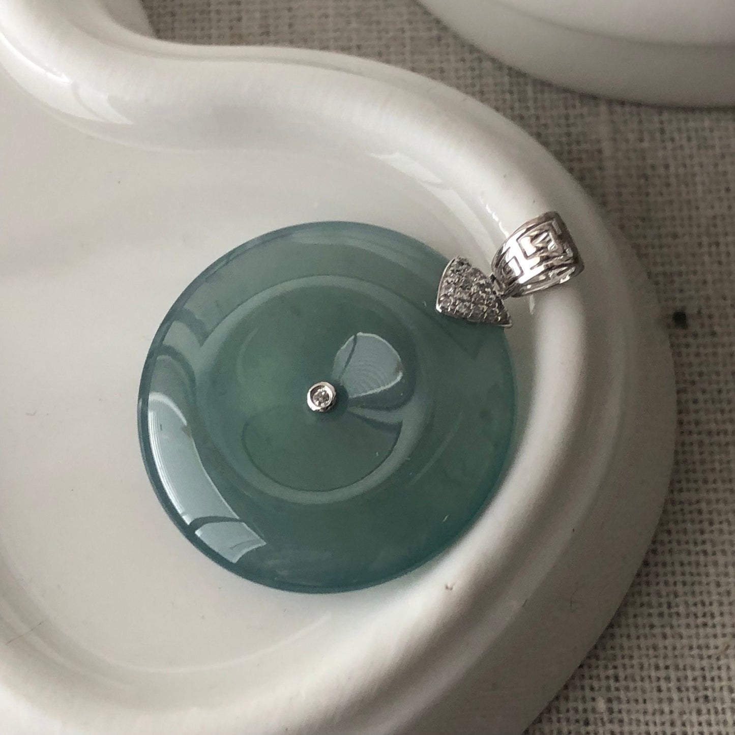 18K 24mm Jadeite Jade Icy Blue Peace Donut Pendant Diamonds