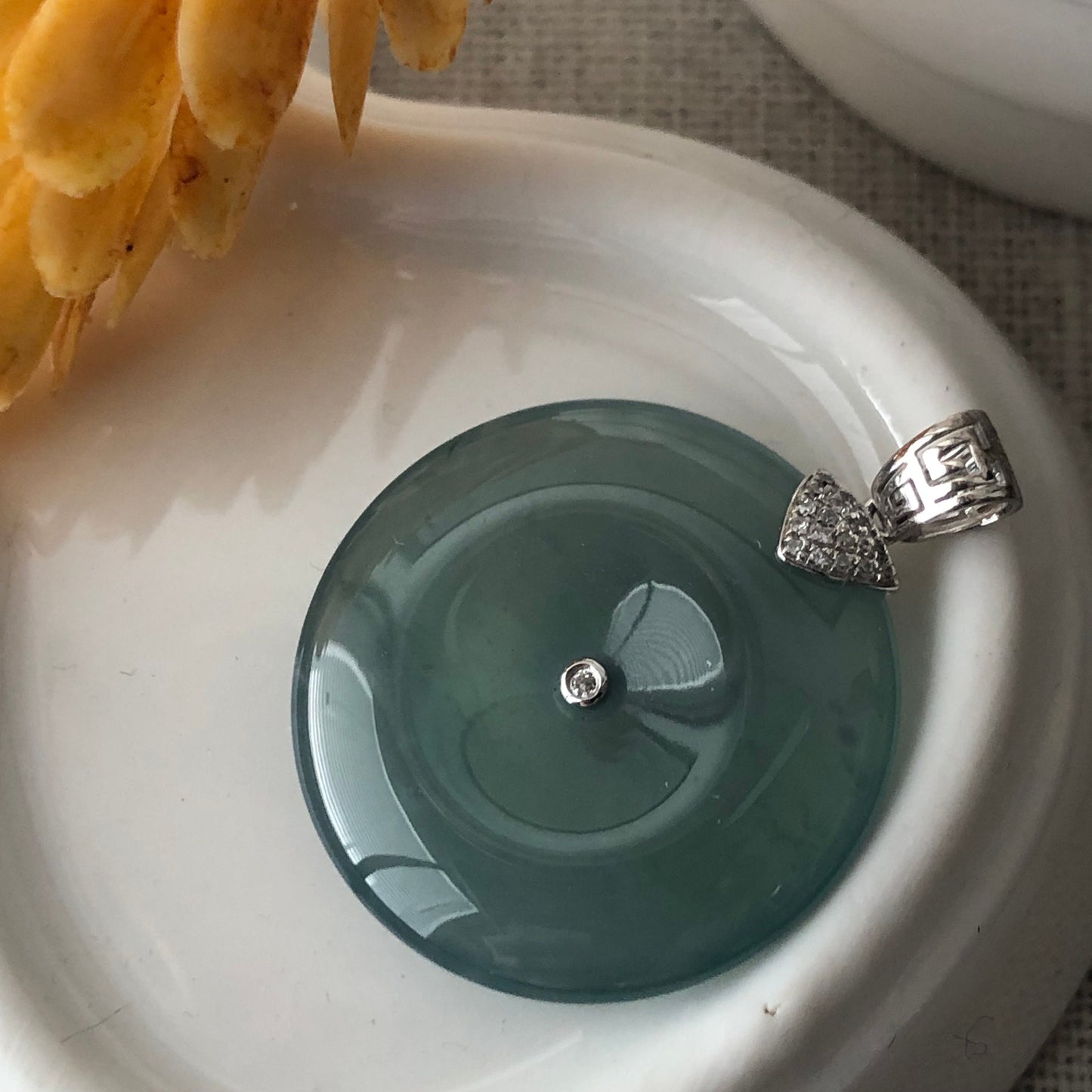 18K 24mm Jadeite Jade Icy Blue Peace Donut Pendant Diamonds