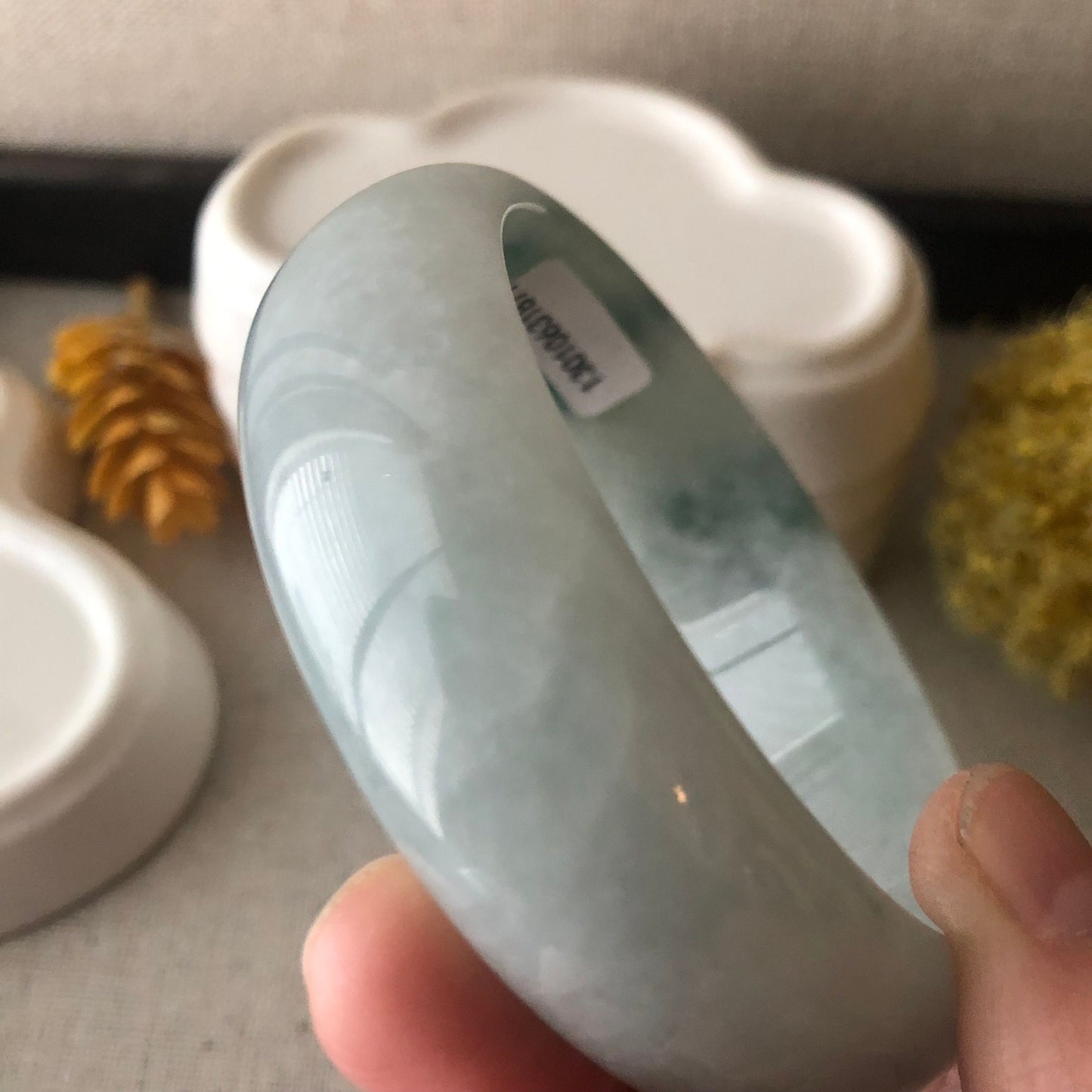 57.5mm Jadeite Jade Green Float Flower Wide Round Bangle