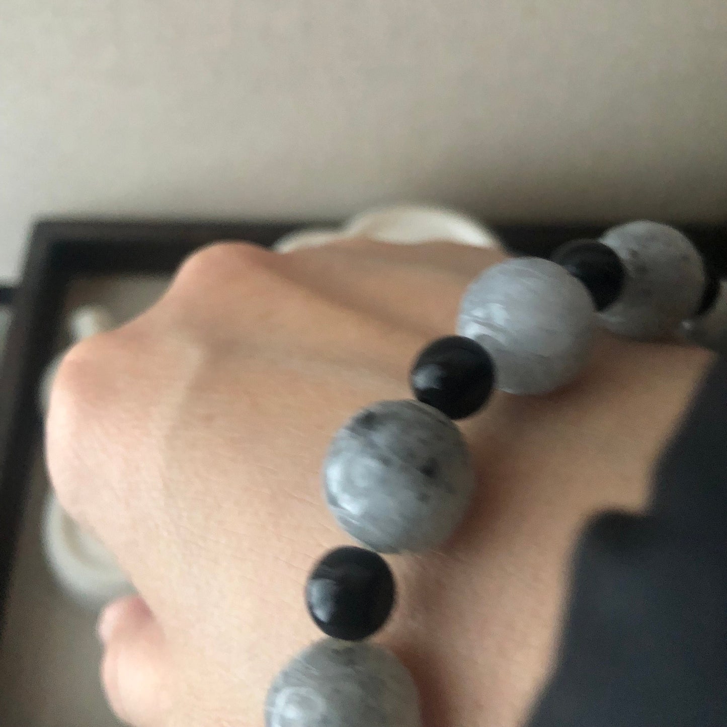 13.4 mm Icy Wuji Grey Jadeite Jade Carved Bead Bracelet