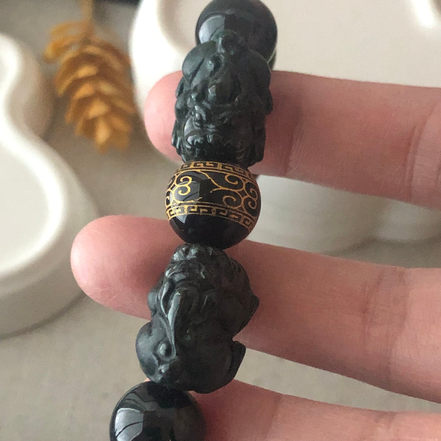 12 mm Icy Omphacite Black Jadeite Jade Carved Pixiu Bead Bracelet