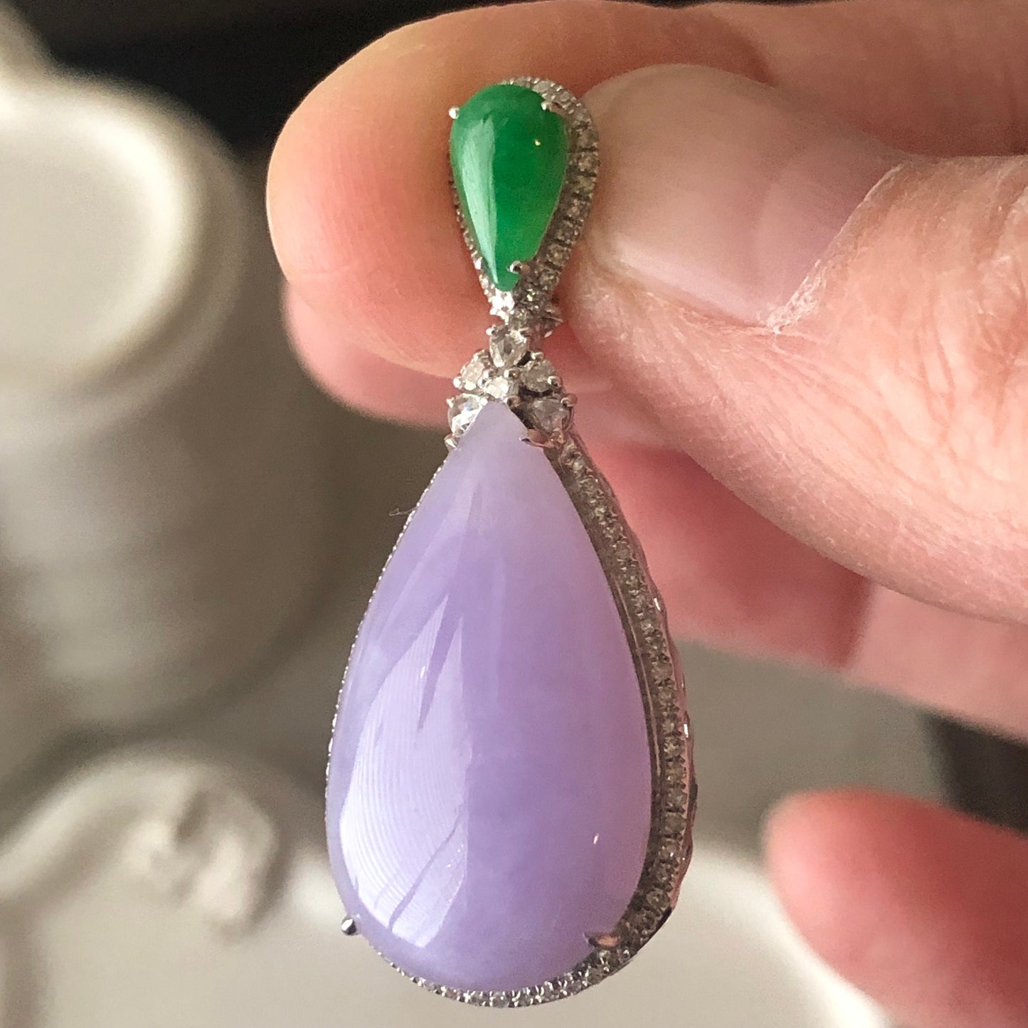 18K White Gold Lavender Pink Green Jadeite Jade Double Drop Pendant Diamonds