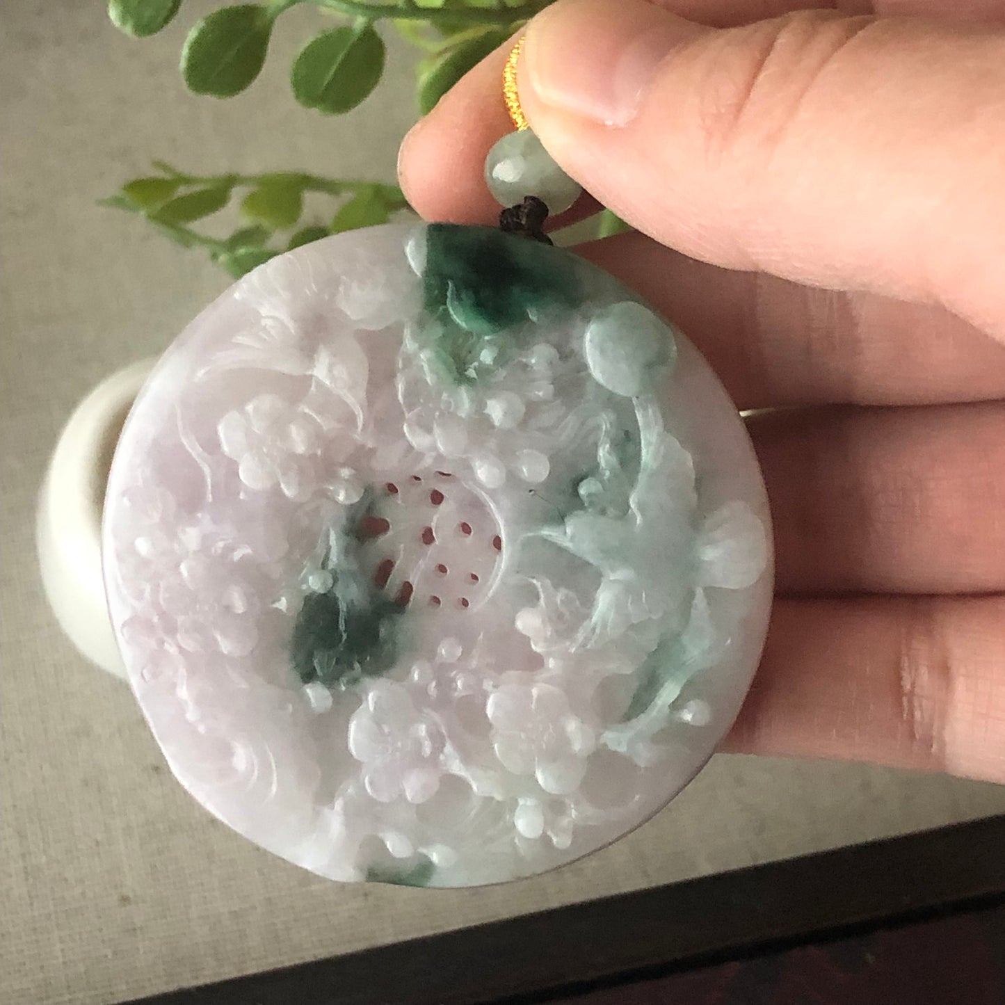 54 mm Pink Green Jadeite Jade Carved Flower Bird Pendant