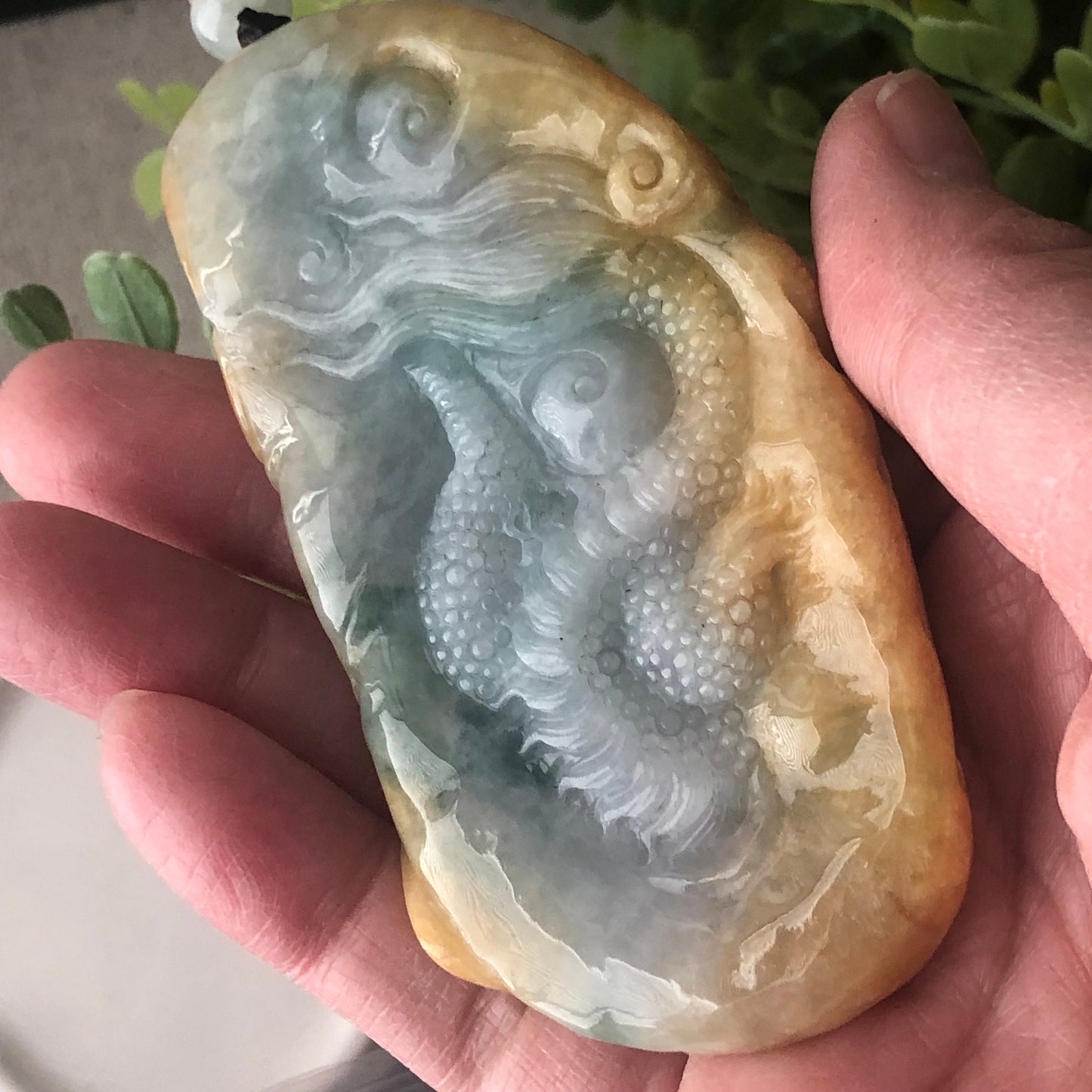 82.1 mm Icy Yellow Green Jadeite Jade Carved Dragon Pendant