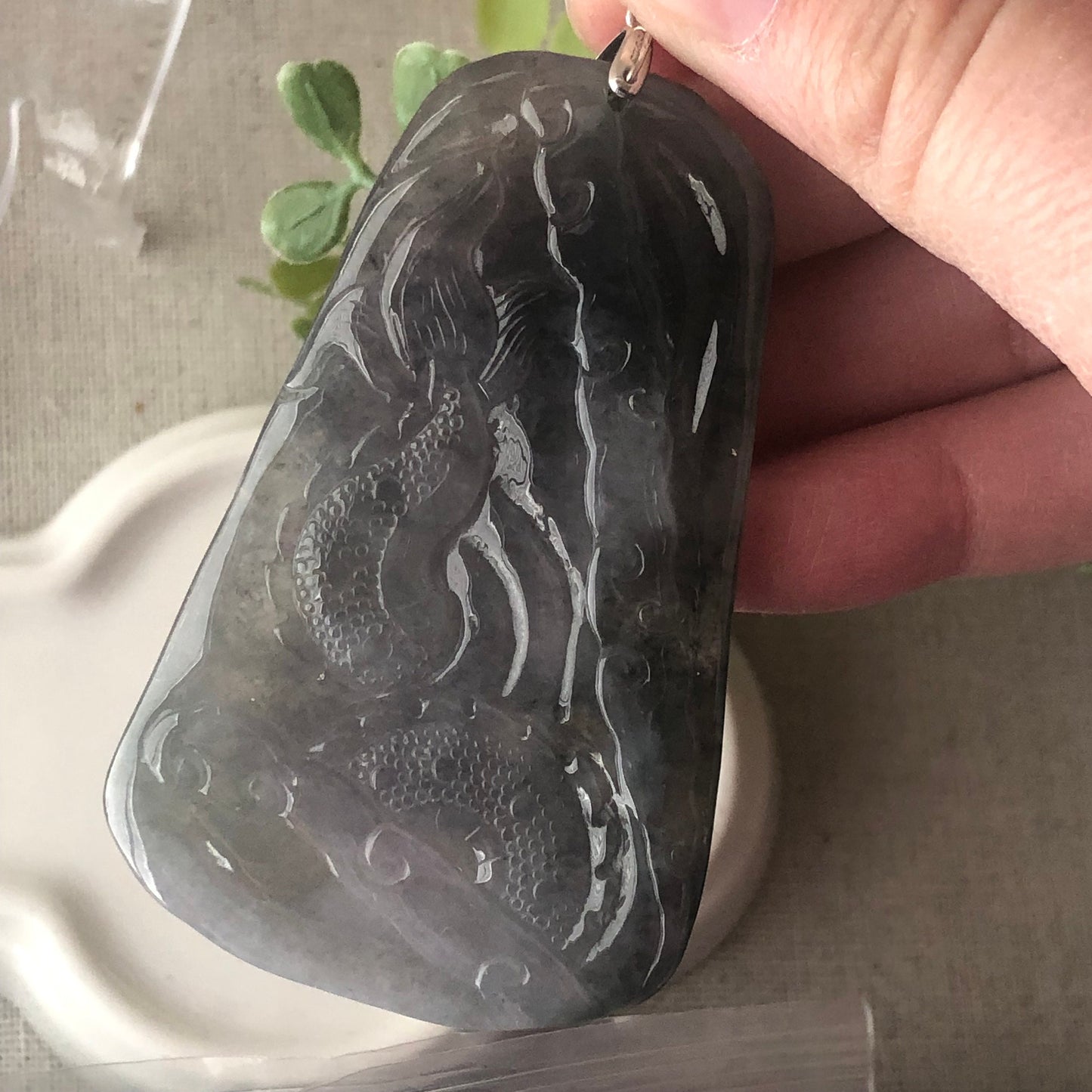 66.3 mm Icy Wuji Grey Jadeite Jade Carved Dragon Pendant