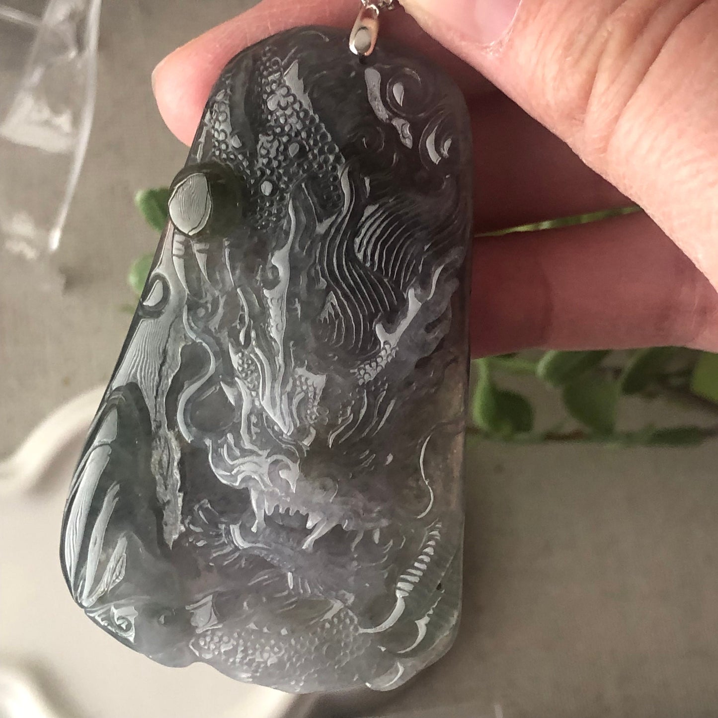66.3 mm Icy Wuji Grey Jadeite Jade Carved Dragon Pendant