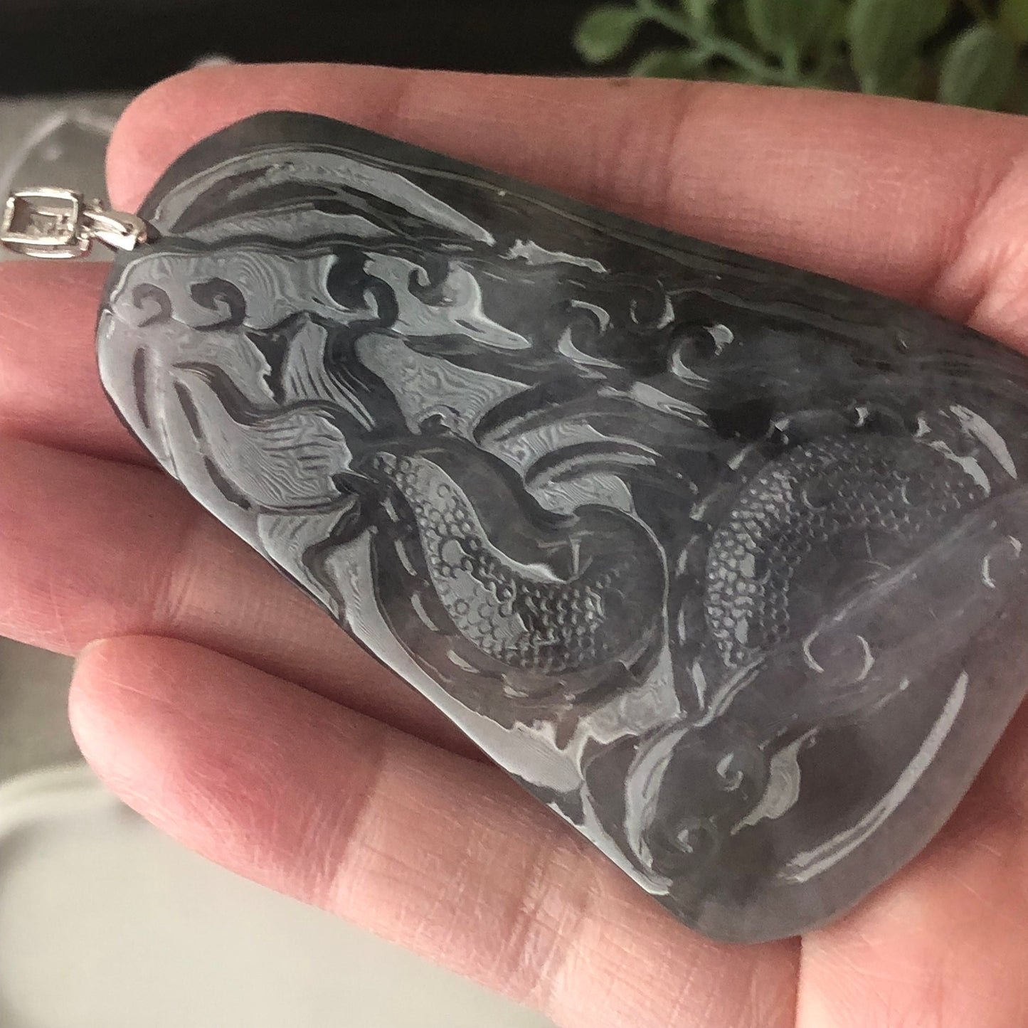 66.3 mm Icy Wuji Grey Jadeite Jade Carved Dragon Pendant
