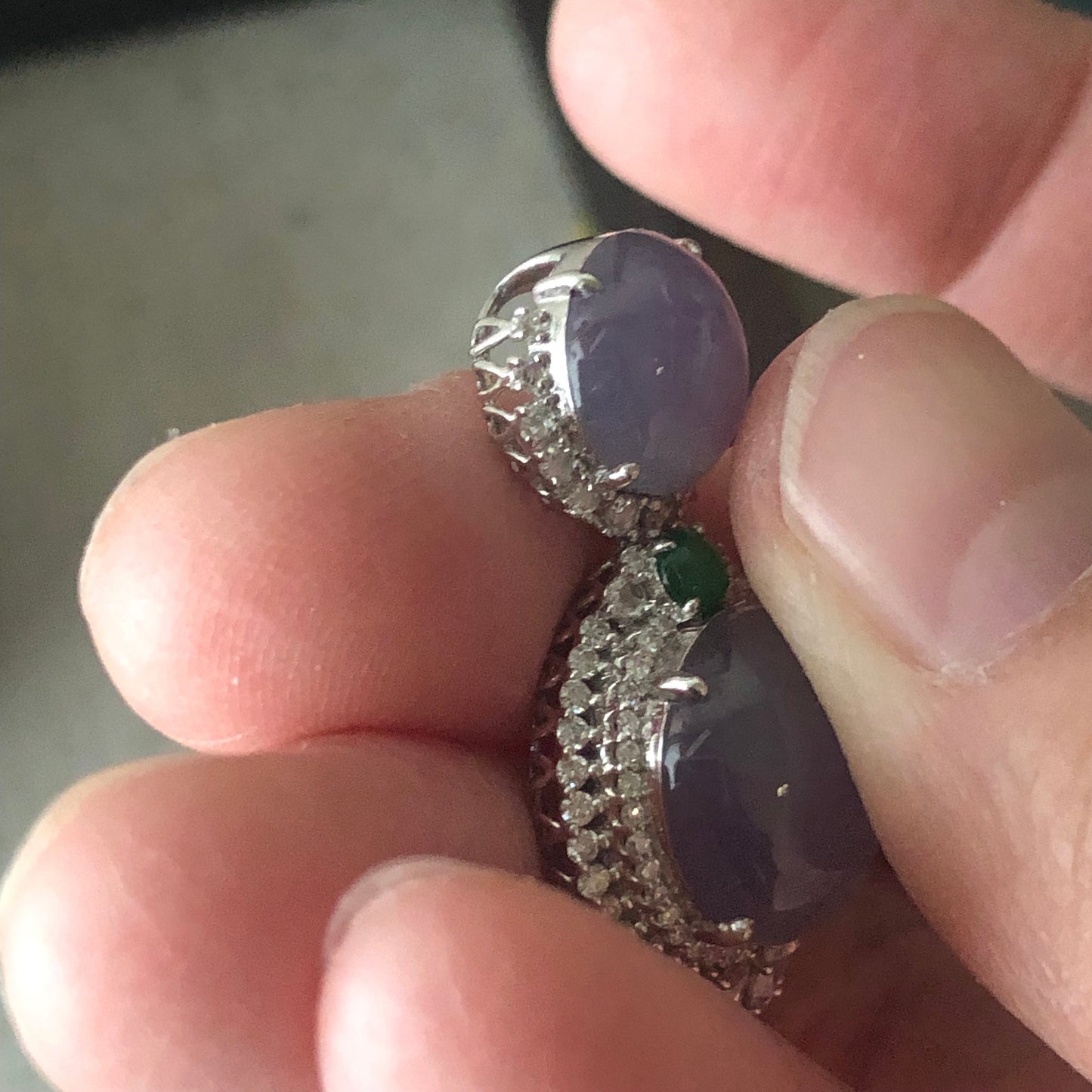 18K White Gold Lavender Pink Jadeite Jade Double Cabochon Pendant Diamonds