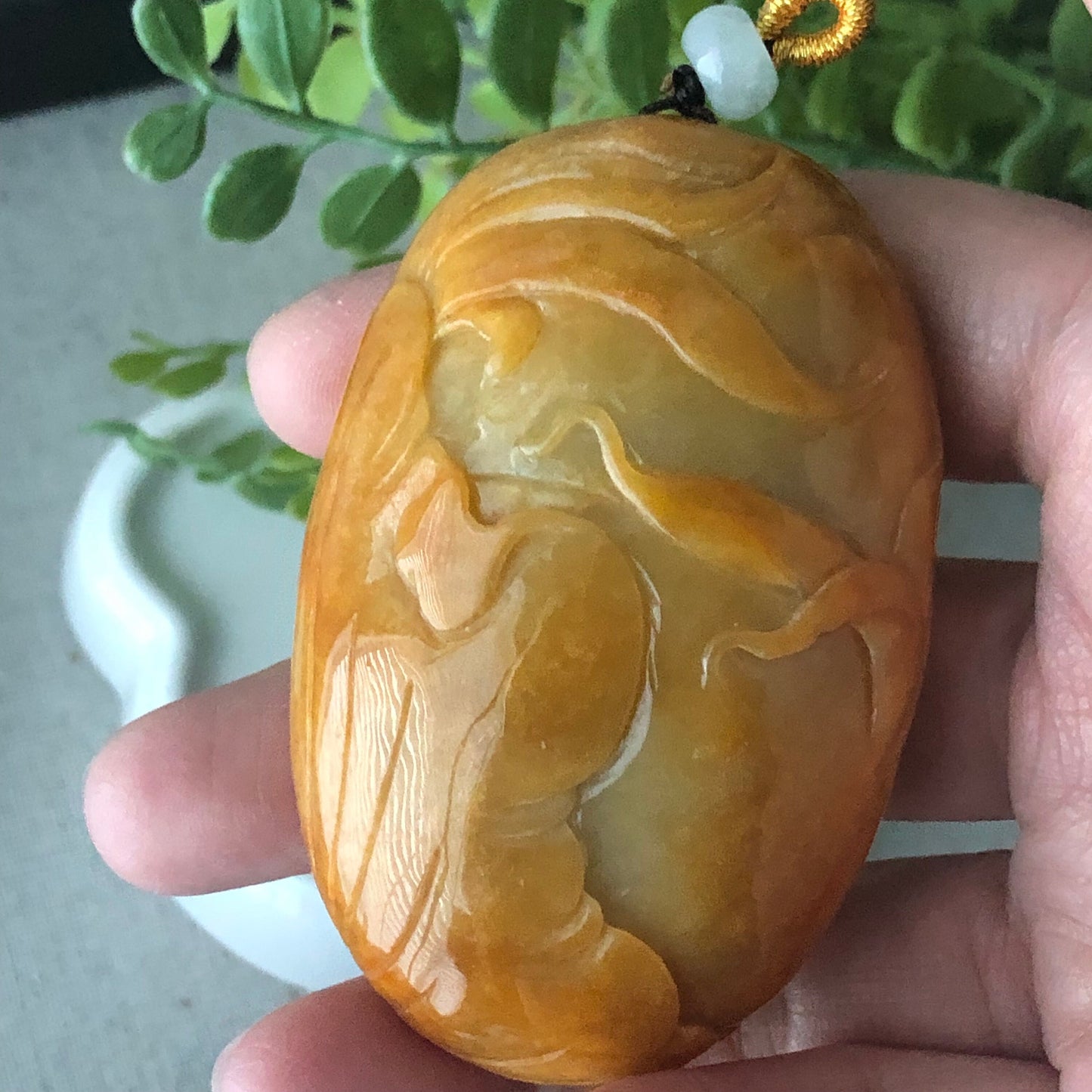 65.6 mm Yellow Lavender Jadeite Jade Carved Flower Bird Pendant