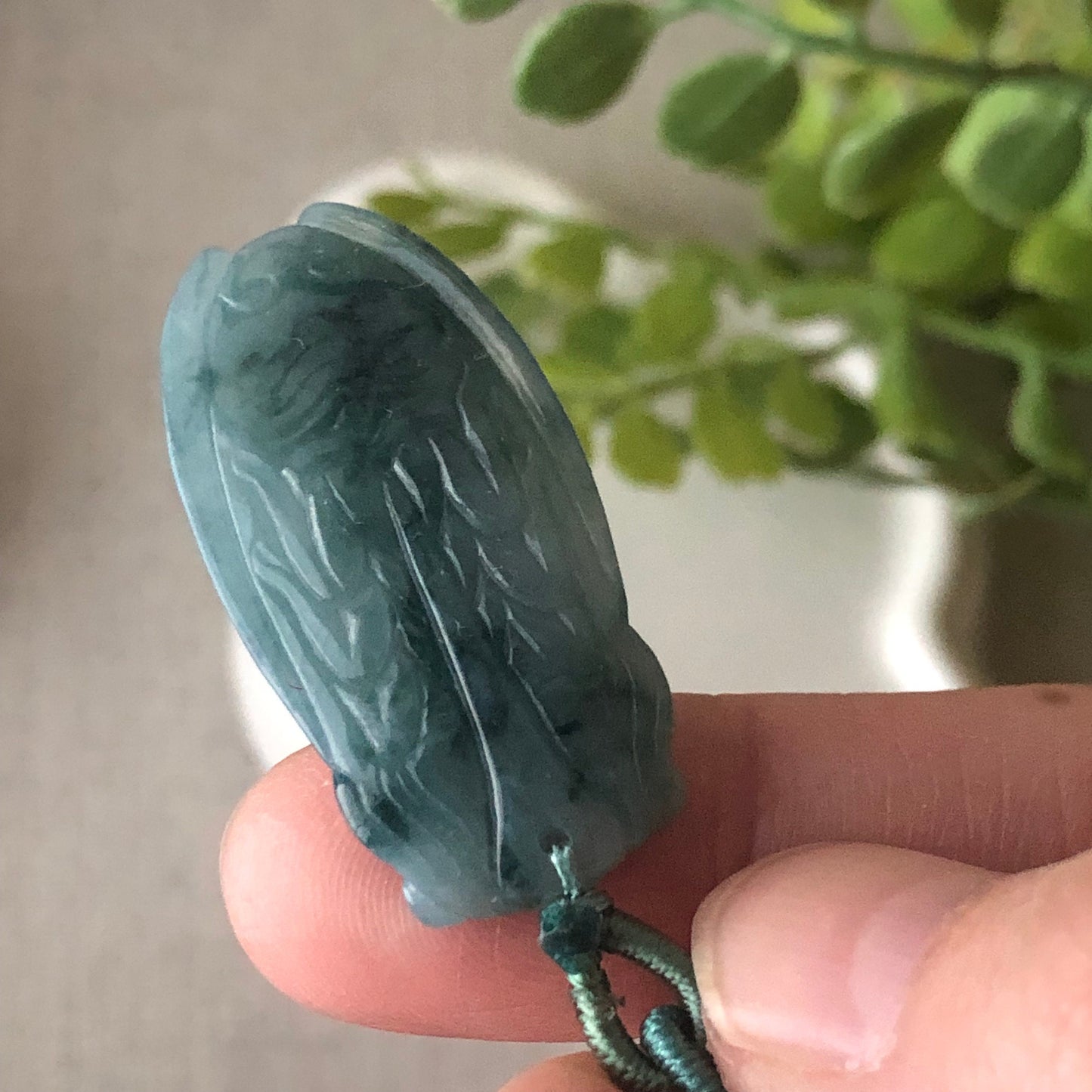 32mm Blue Green Jadeite Jade Carved Locust Charm
