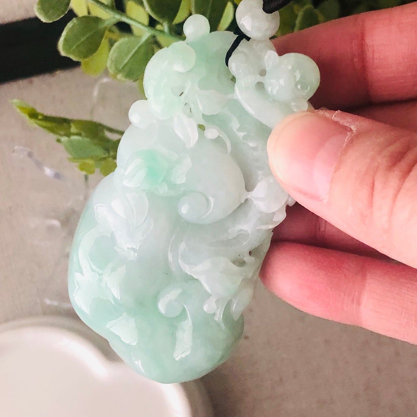 71mm Glossy Green Jadeite Jade Carved Ruyi Cloud Monkey Pendant