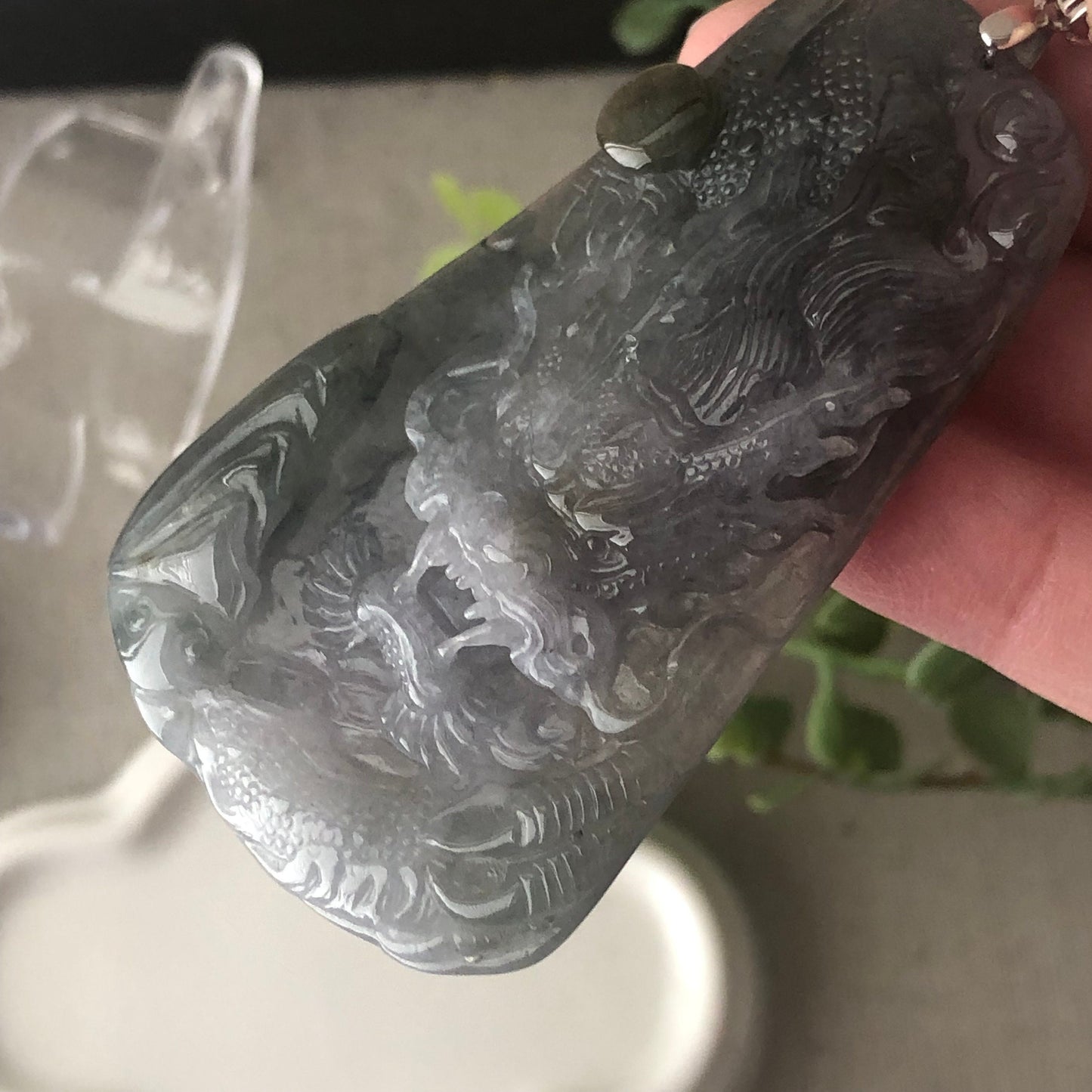 66.3 mm Icy Wuji Grey Jadeite Jade Carved Dragon Pendant