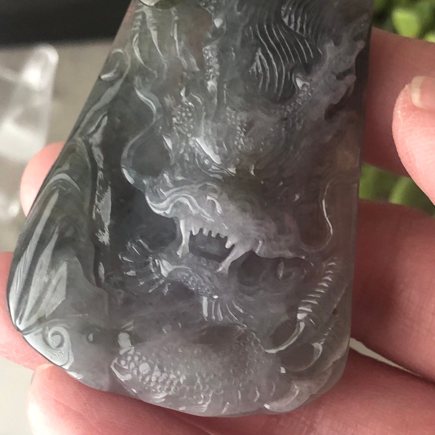 66.3 mm Icy Wuji Grey Jadeite Jade Carved Dragon Pendant