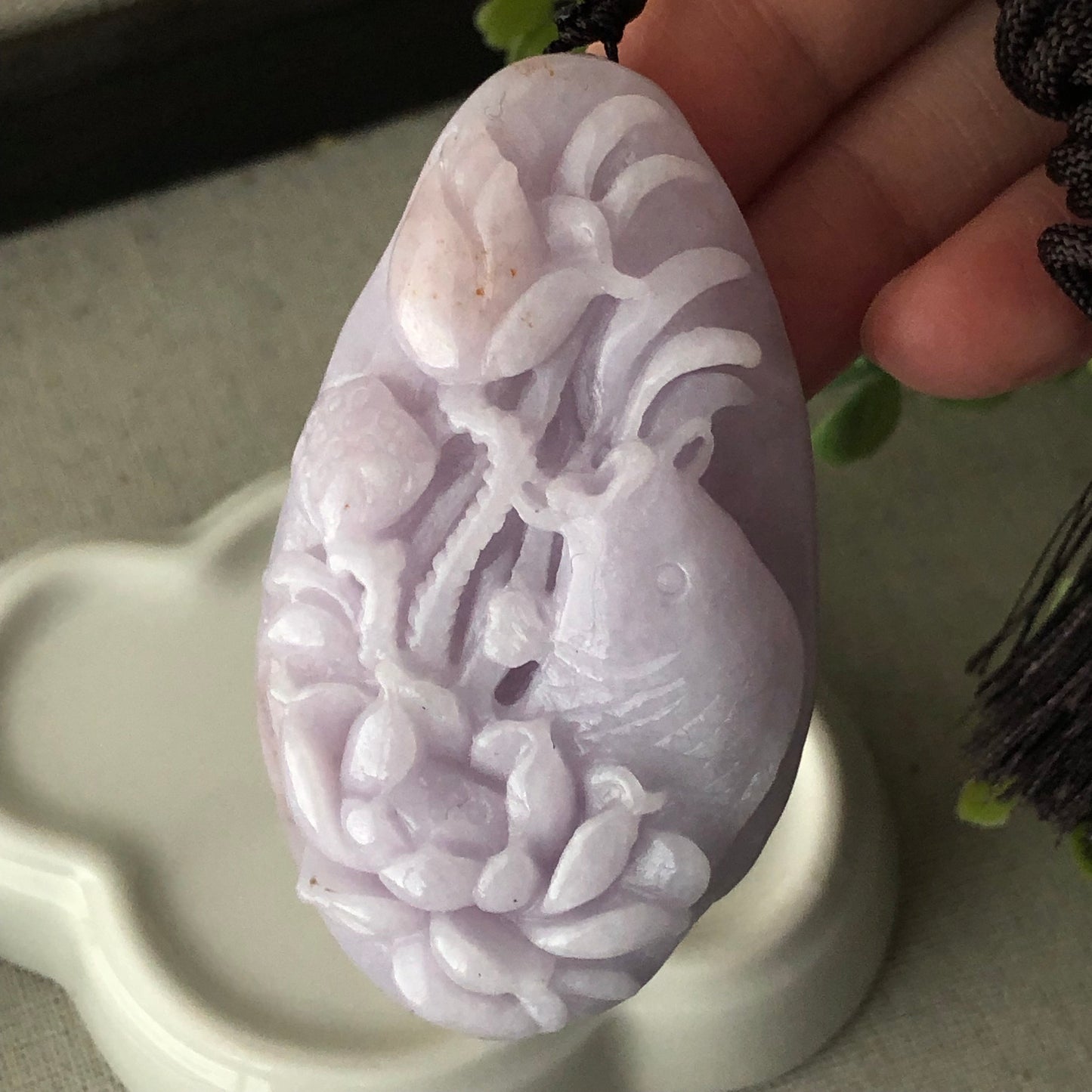 66.7 mm Lavender Jadeite Jade Carved Fish Flower Pendant
