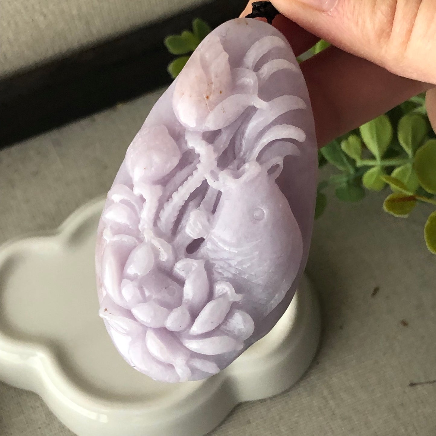 66.7 mm Lavender Jadeite Jade Carved Fish Flower Pendant