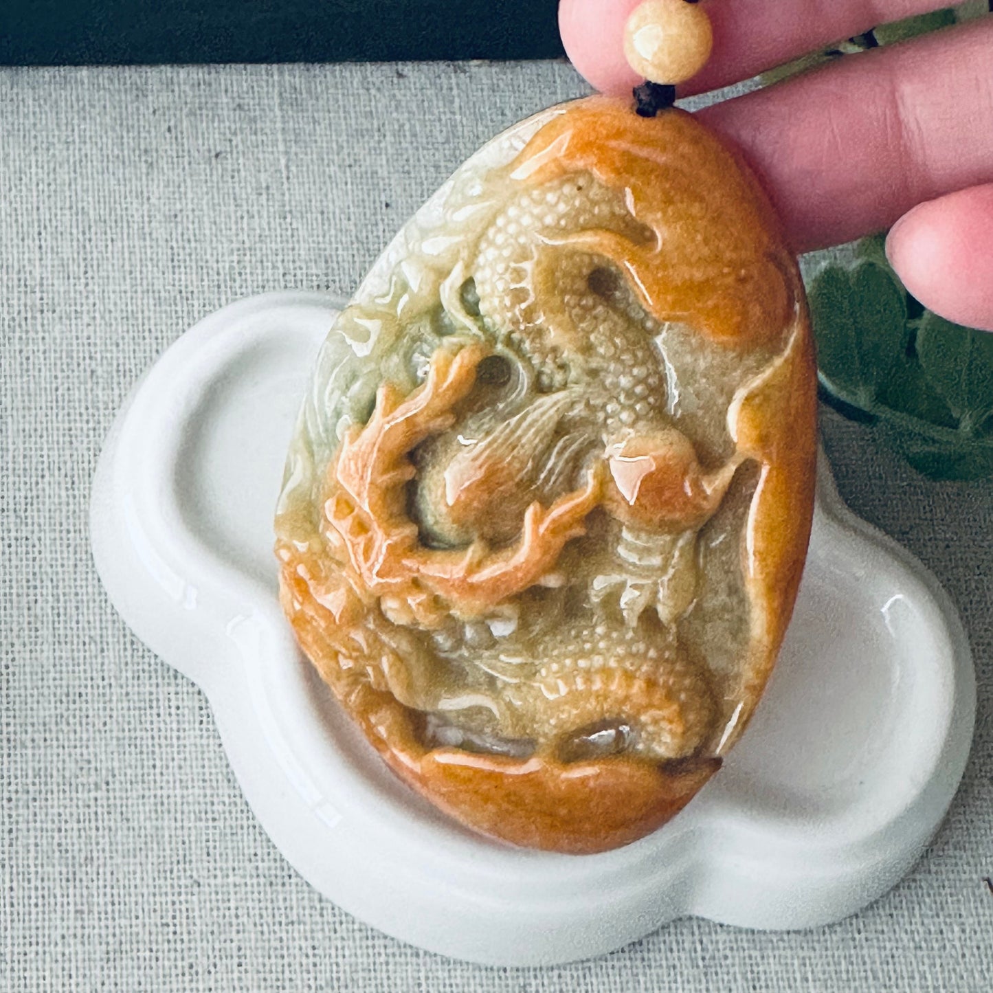 66mm Jadeite Jade Yellow Brown Carved Dragon Pendant