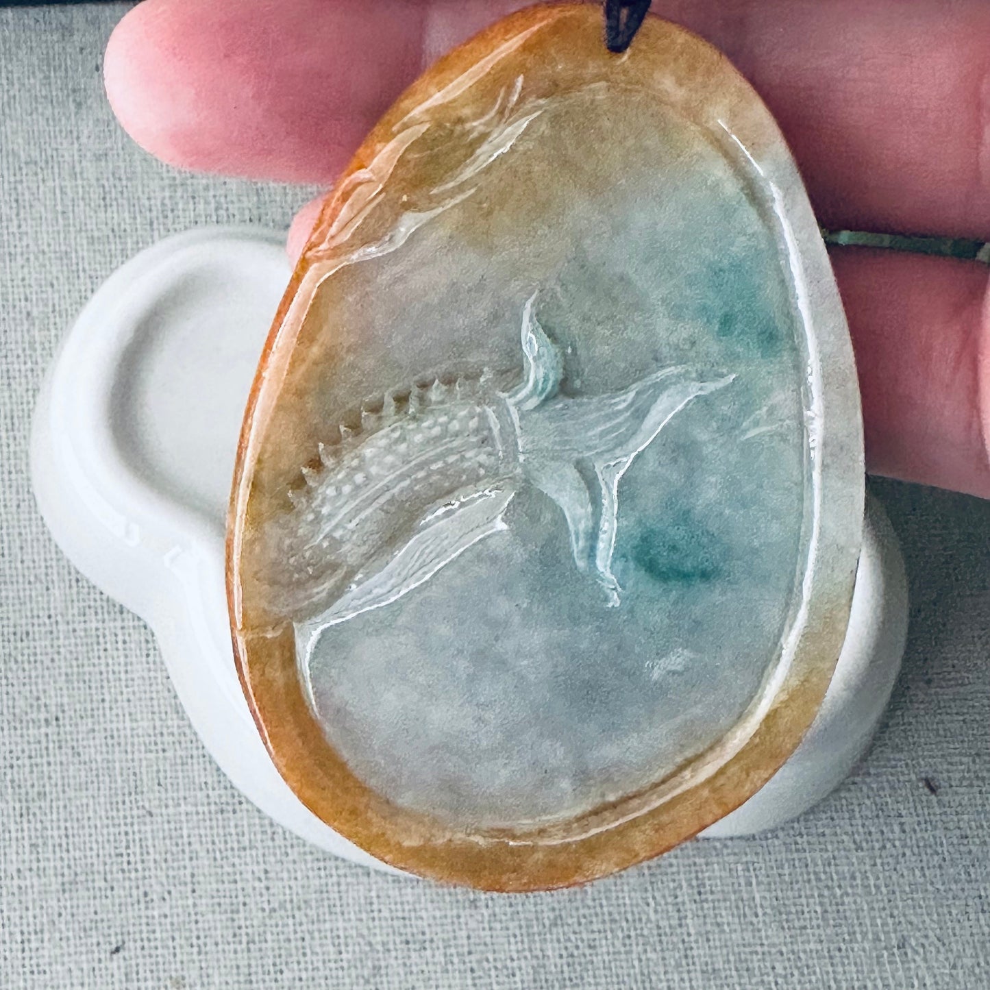 66mm Jadeite Jade Yellow Brown Carved Dragon Pendant