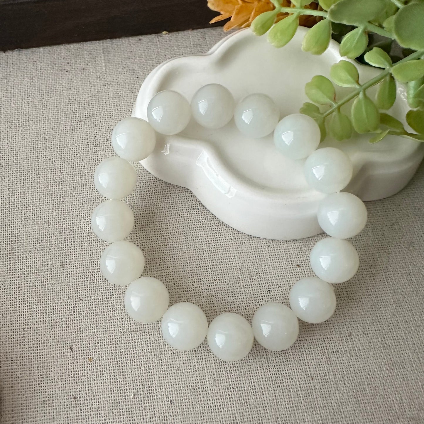 12mm Icy White Hetian Jade Beaded Bracelet RARE