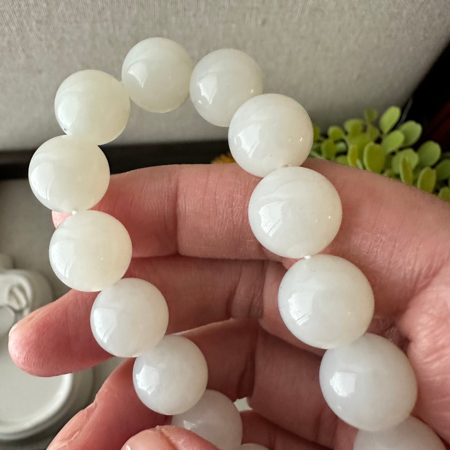 12mm Icy White Hetian Jade Beaded Bracelet RARE