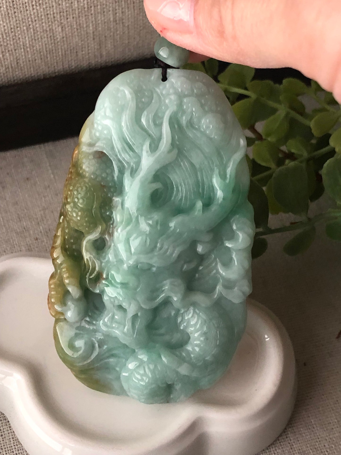 78.7mm Jadeite Jade Brown Green Carved Dragon Pendant