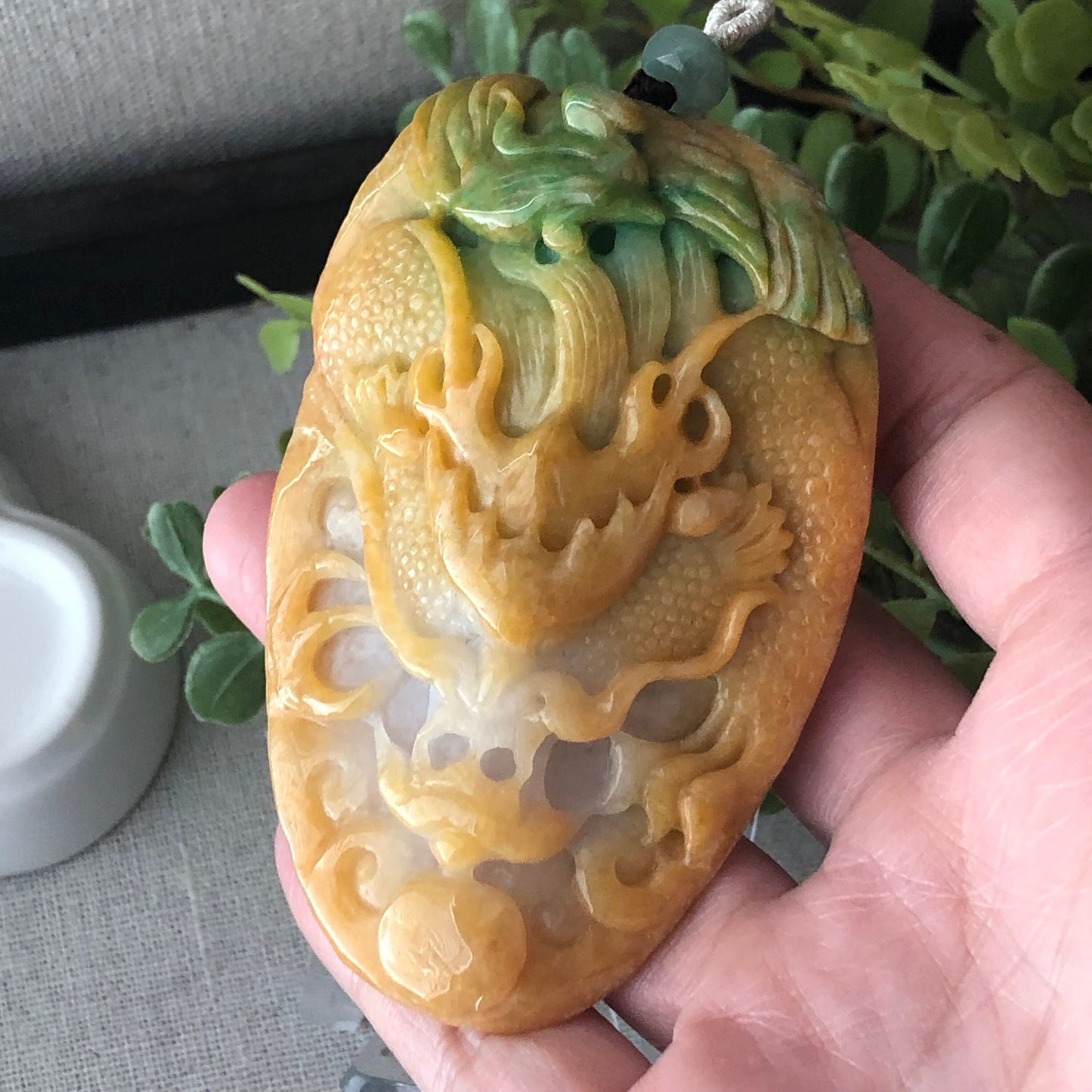 78mm Jadeite Jade Yellow Green Carved Dragon Pendant