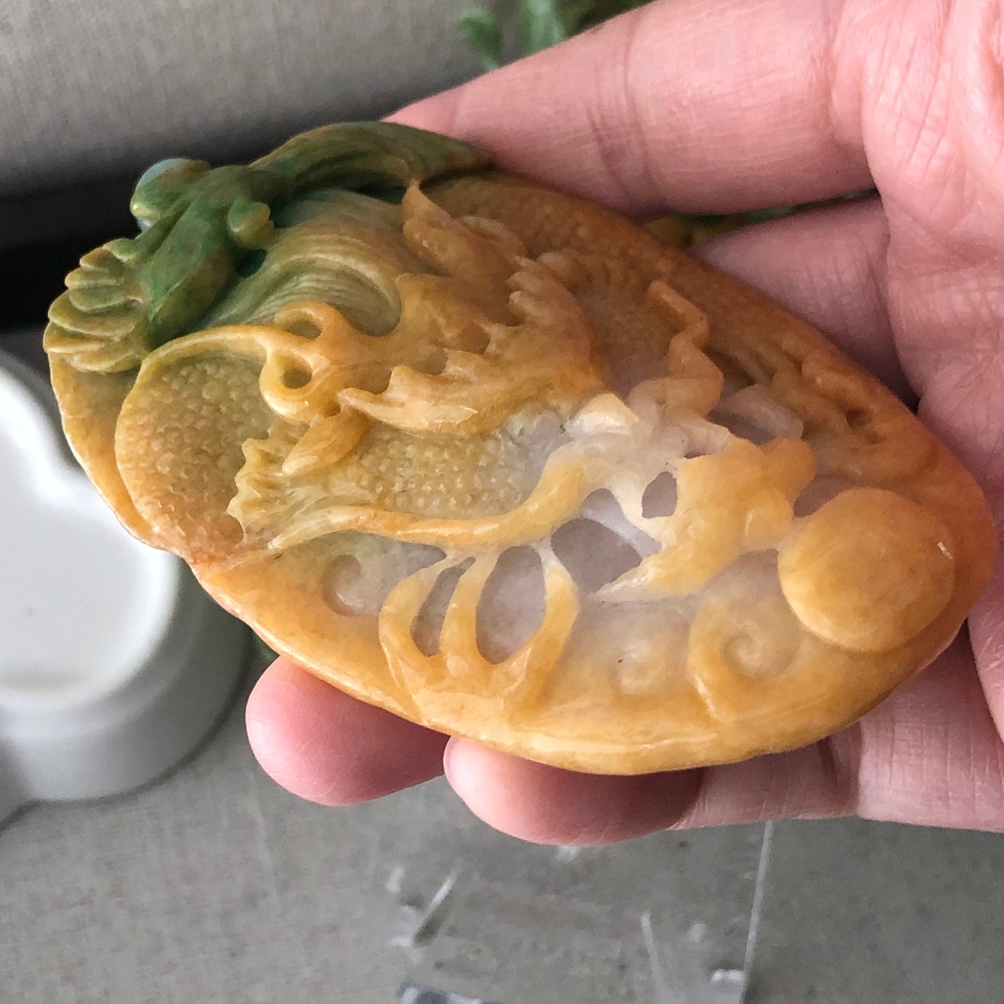 78mm Jadeite Jade Yellow Green Carved Dragon Pendant