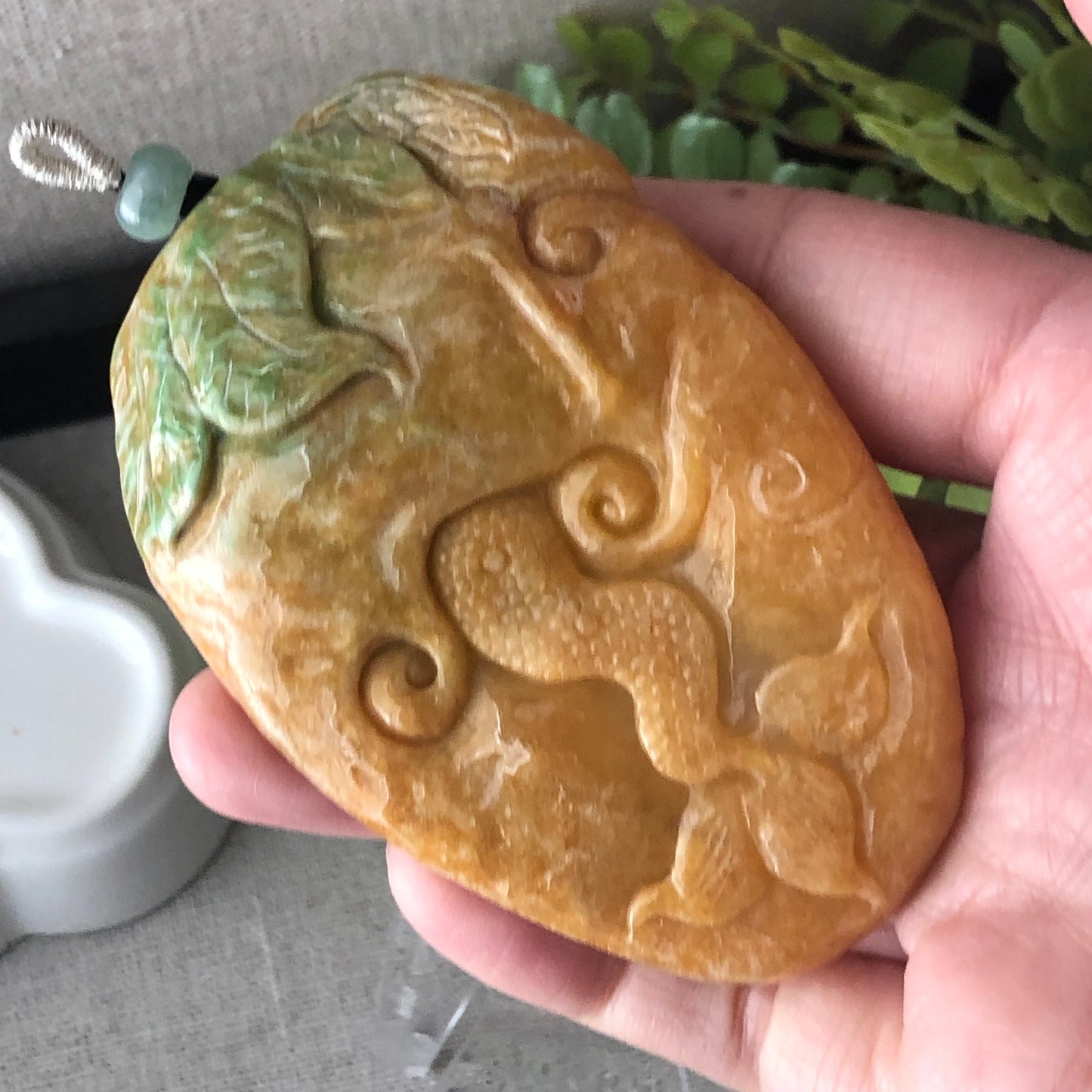 78mm Jadeite Jade Yellow Green Carved Dragon Pendant