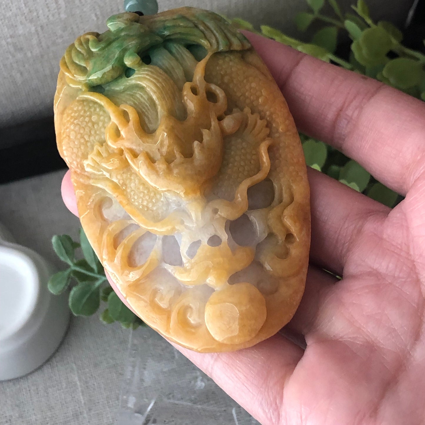 78mm Jadeite Jade Yellow Green Carved Dragon Pendant