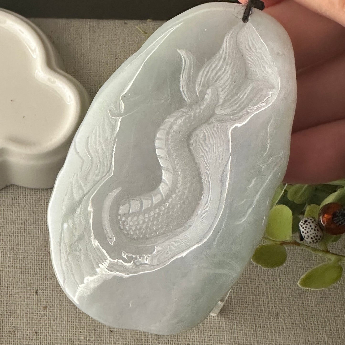 73mm Jadeite Jade Green Carved Double Dragon Head Pendant