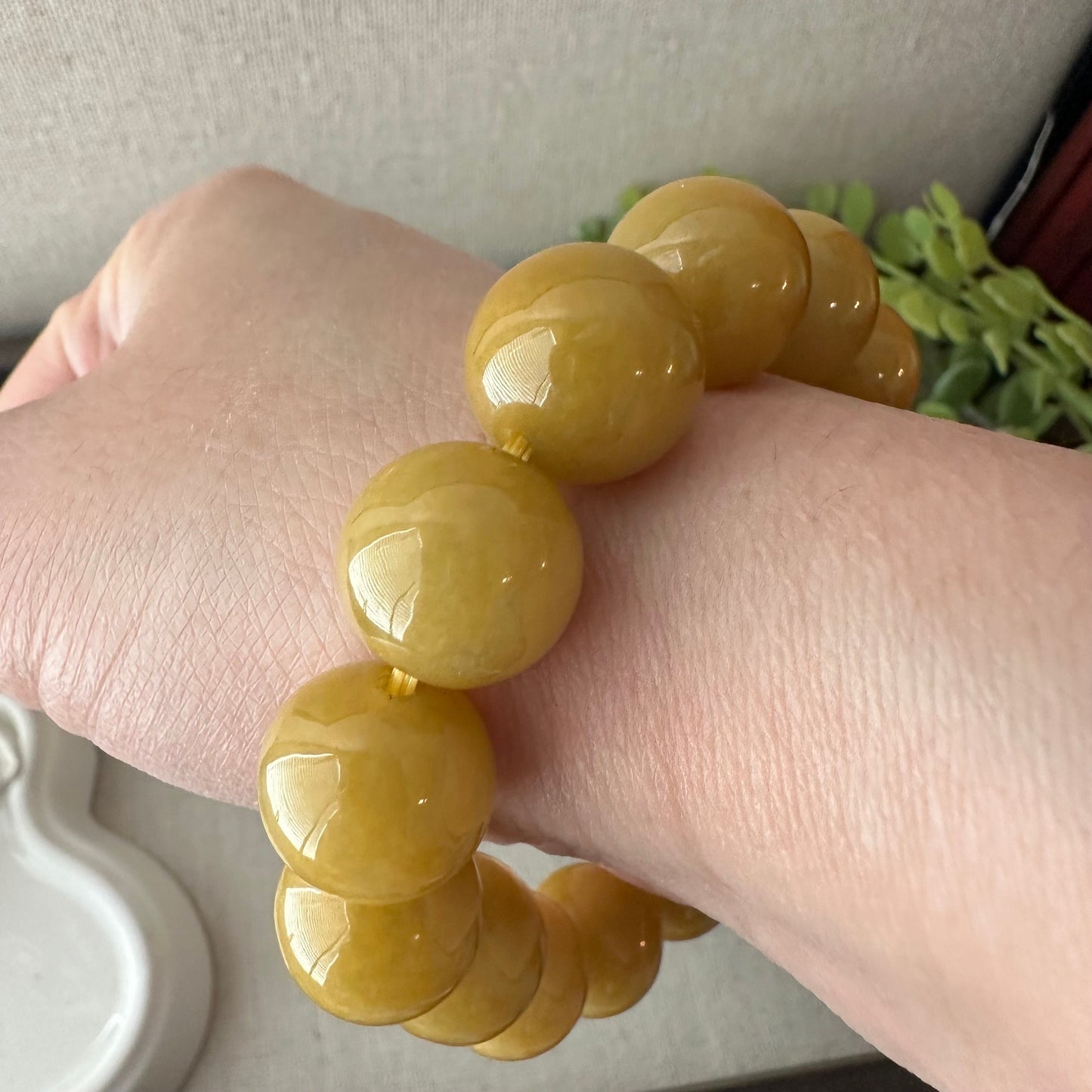 14.3mm Yellow Brown Jade Jadeite Bead Bracelet