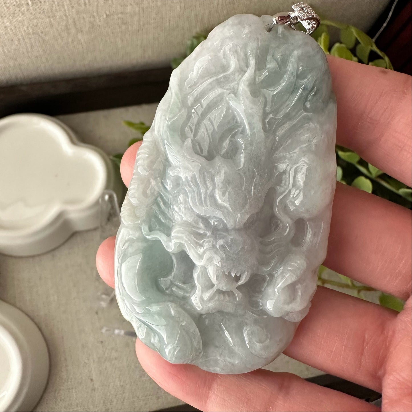 75mm Jadeite Jade Green Float Flowers Carved Dragon Pendant