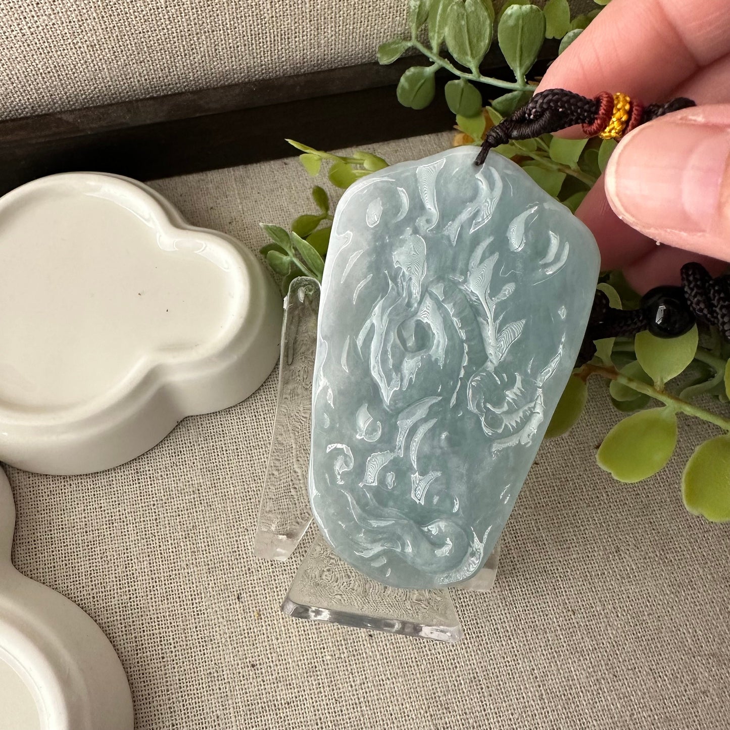 72mm Icy Blue Green Jadeite Jade Carved Dragon Pendant