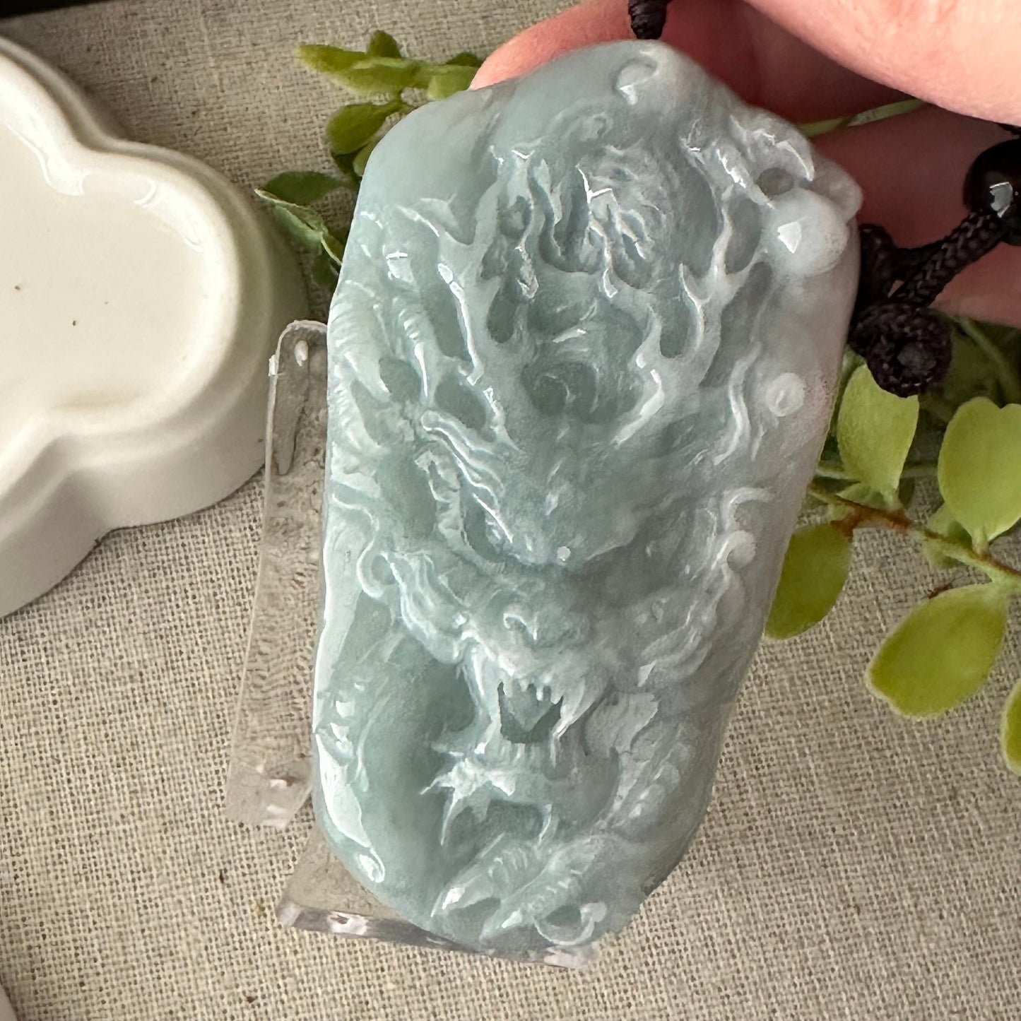72mm Icy Blue Green Jadeite Jade Carved Dragon Pendant