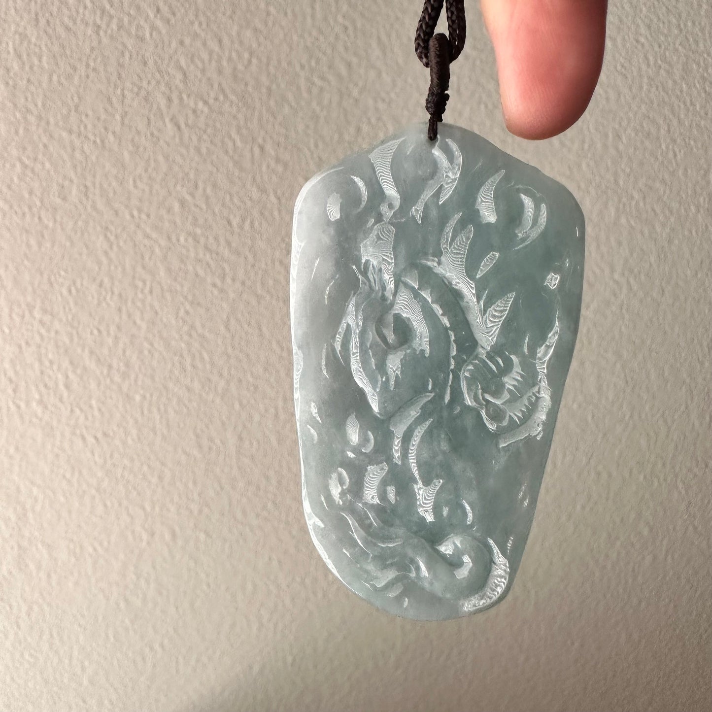 72mm Icy Blue Green Jadeite Jade Carved Dragon Pendant