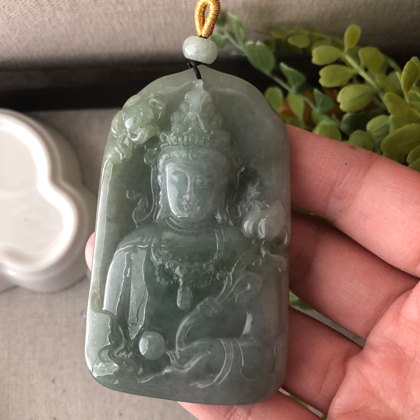 70 mm Green Jade Jadeite Carved Guanyin Pendant
