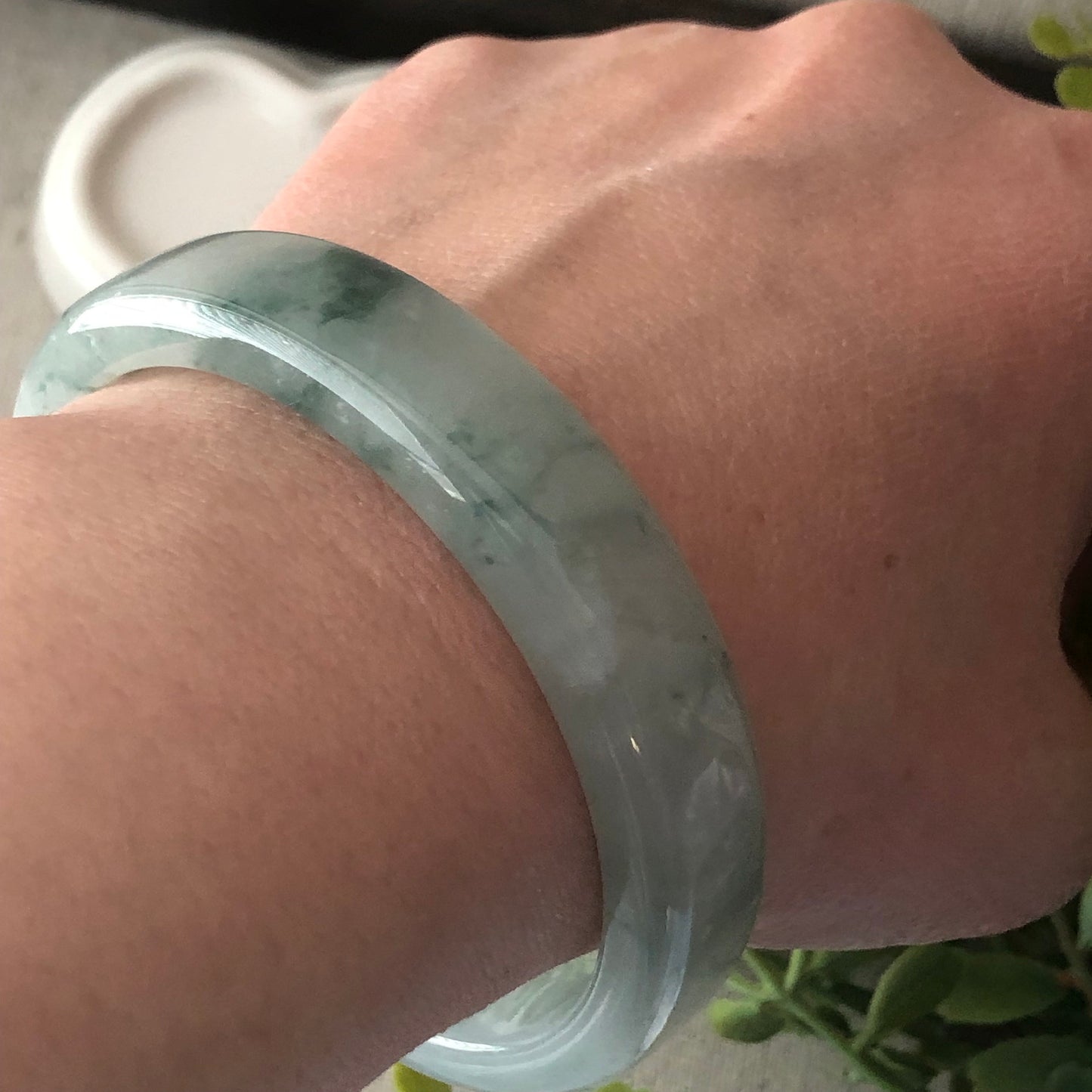 56mm Icy Green Float Flowers Square Shaped Jadeite Jade Bangle