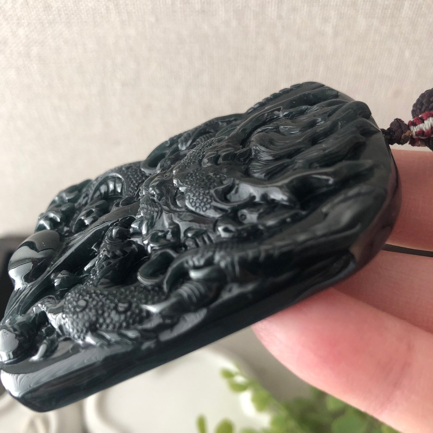 67mm Black Omphacite Jadeite Jade Carved Dragon Pendant