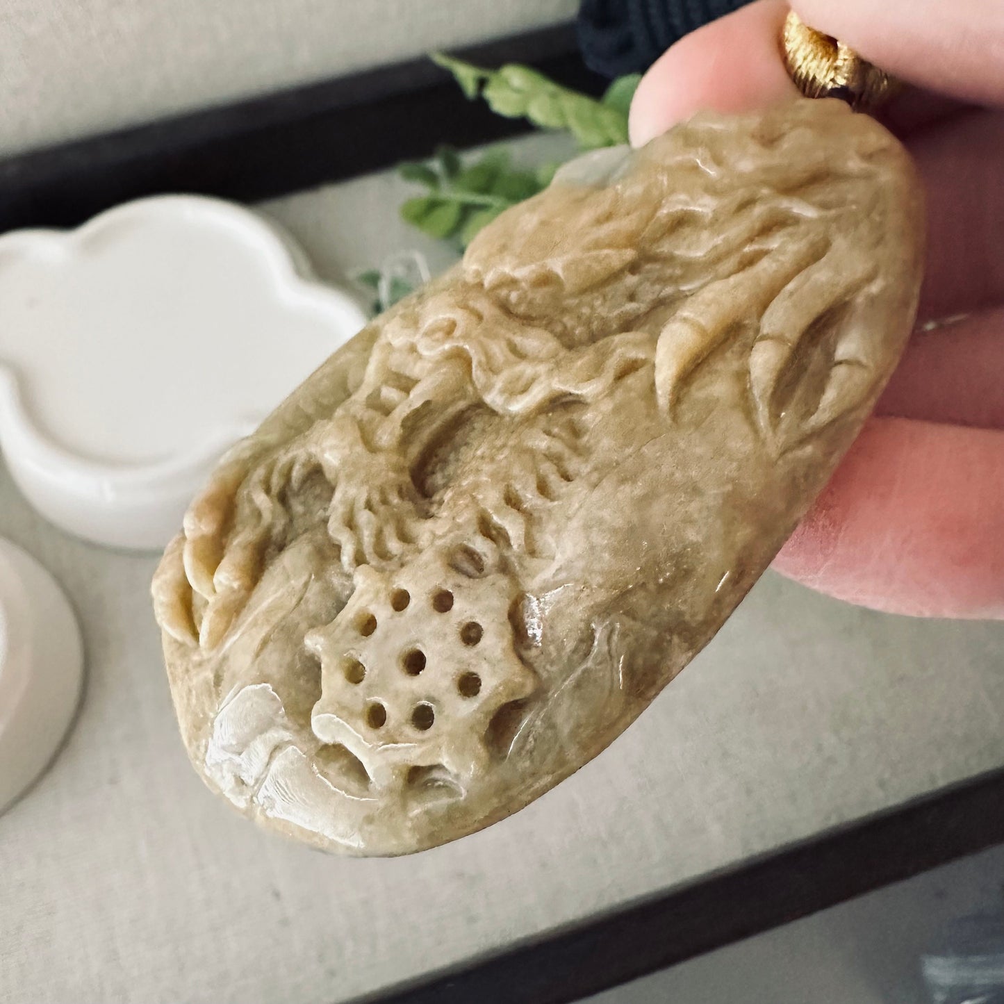 66mm Jadeite Jade Brown Green Carved Dragon Pendant