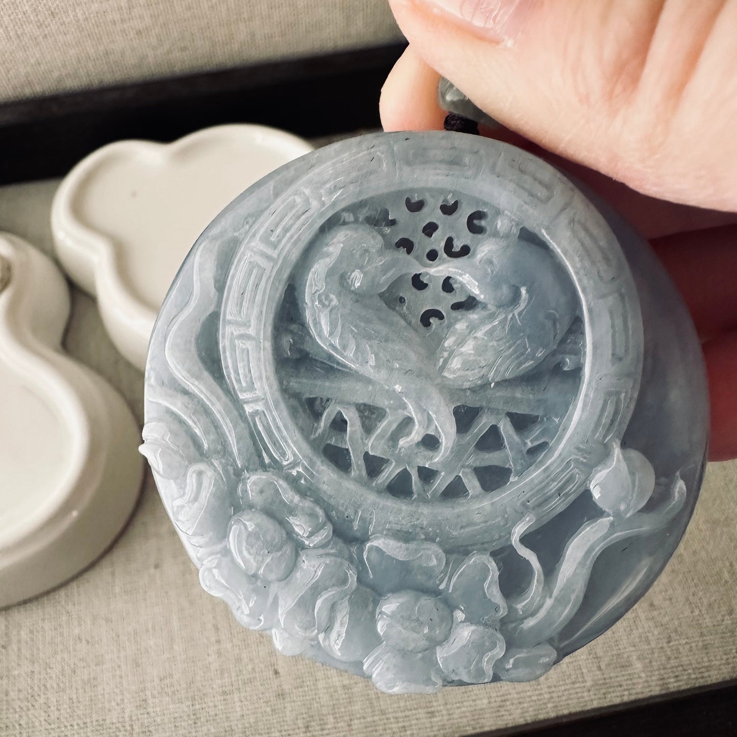 54 mm Lavender Jadeite Jade Carved Love Birds Flower Pendant