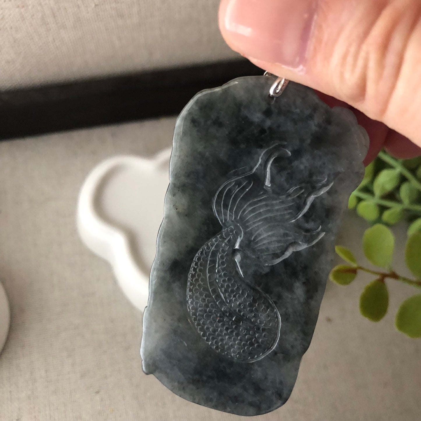 72 Jadeite Jade Wuji Grey Carved Dragon Pendant